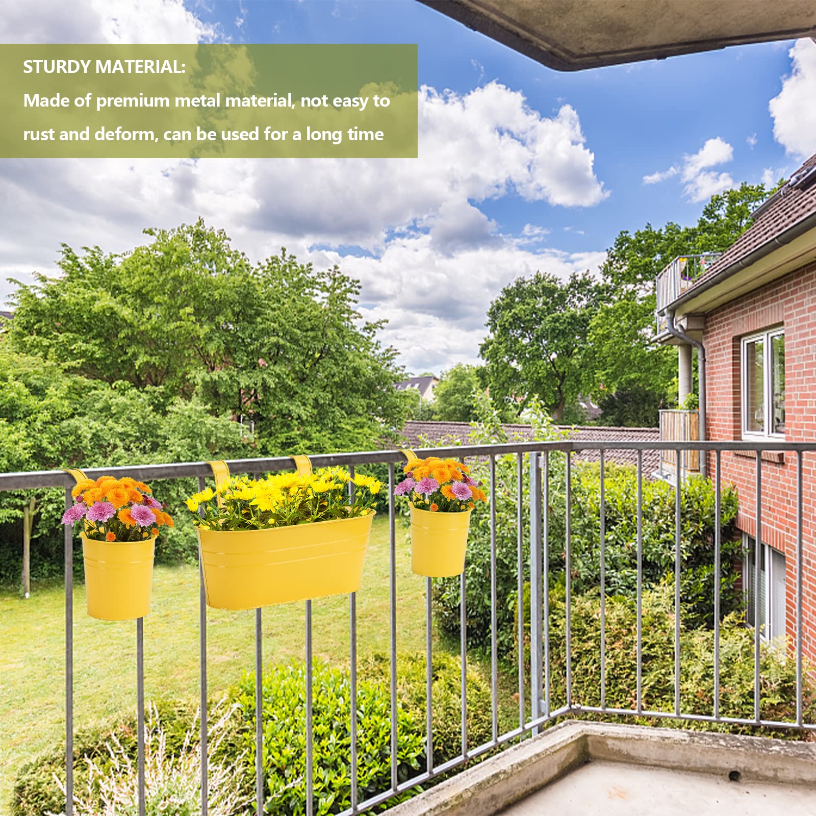 KWQBHW 3 Pcs Metal Iron Hanging Flower Pot Oval Rail Planters Iron Hanging Bucket Planter for Railing Fence Balcony Planter Box Plant Holder with Hooks, Yellow