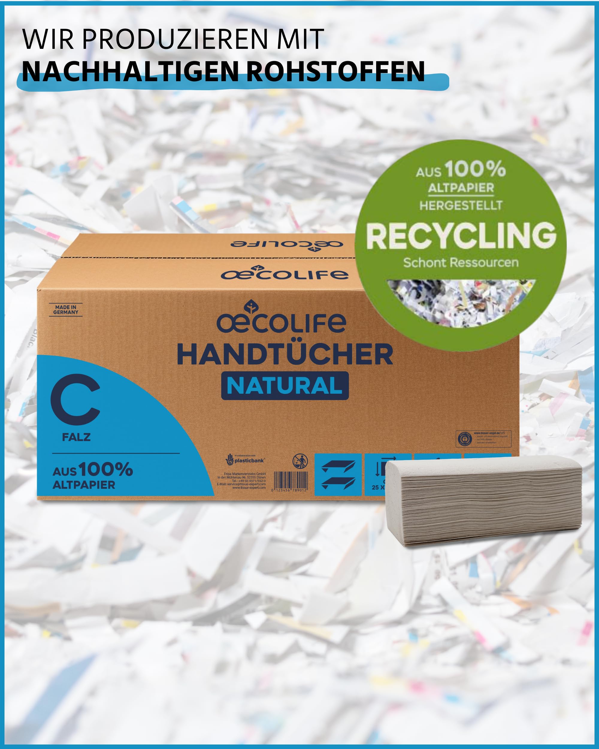 œcolife Handtücher Natural C-Falz, 3120 Blatt, 25x33cm, 1-lagig, Recyclingpapier, Falthandtücher, für Spender geeignet, weich und saugstark