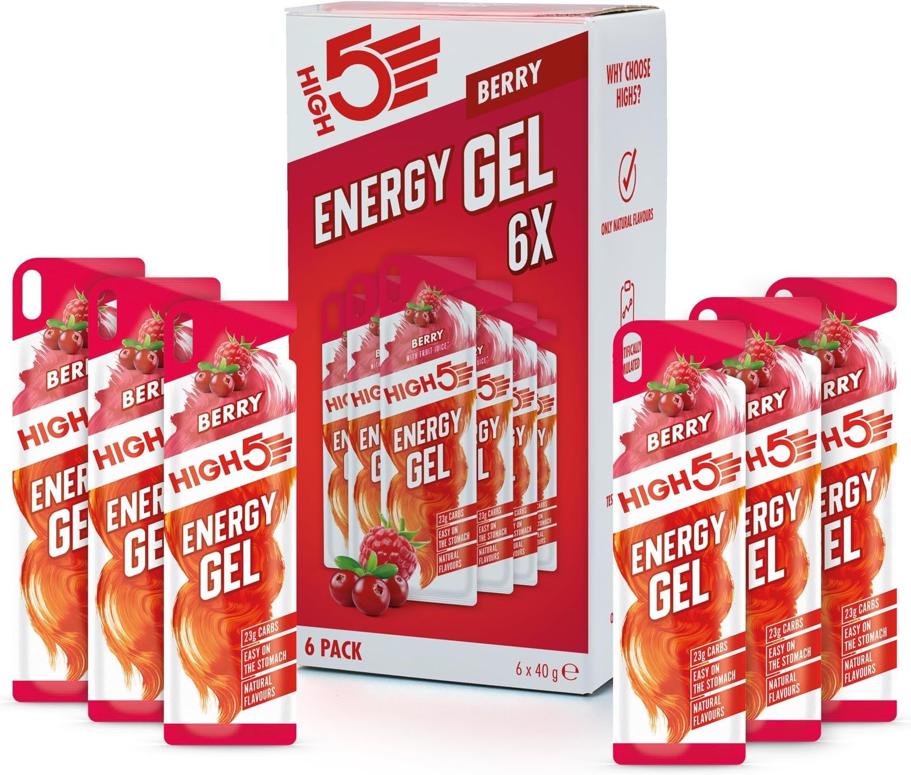 HIGH5 Energy Gel Pouches - Carb Gels Running Accessories for Endurance Fuel - Natural Fruit Juice & Caffeine-Free Vegan Energy Gel - Glucose Shot to Boost Sports Performance (Berry, 6 x 40g)