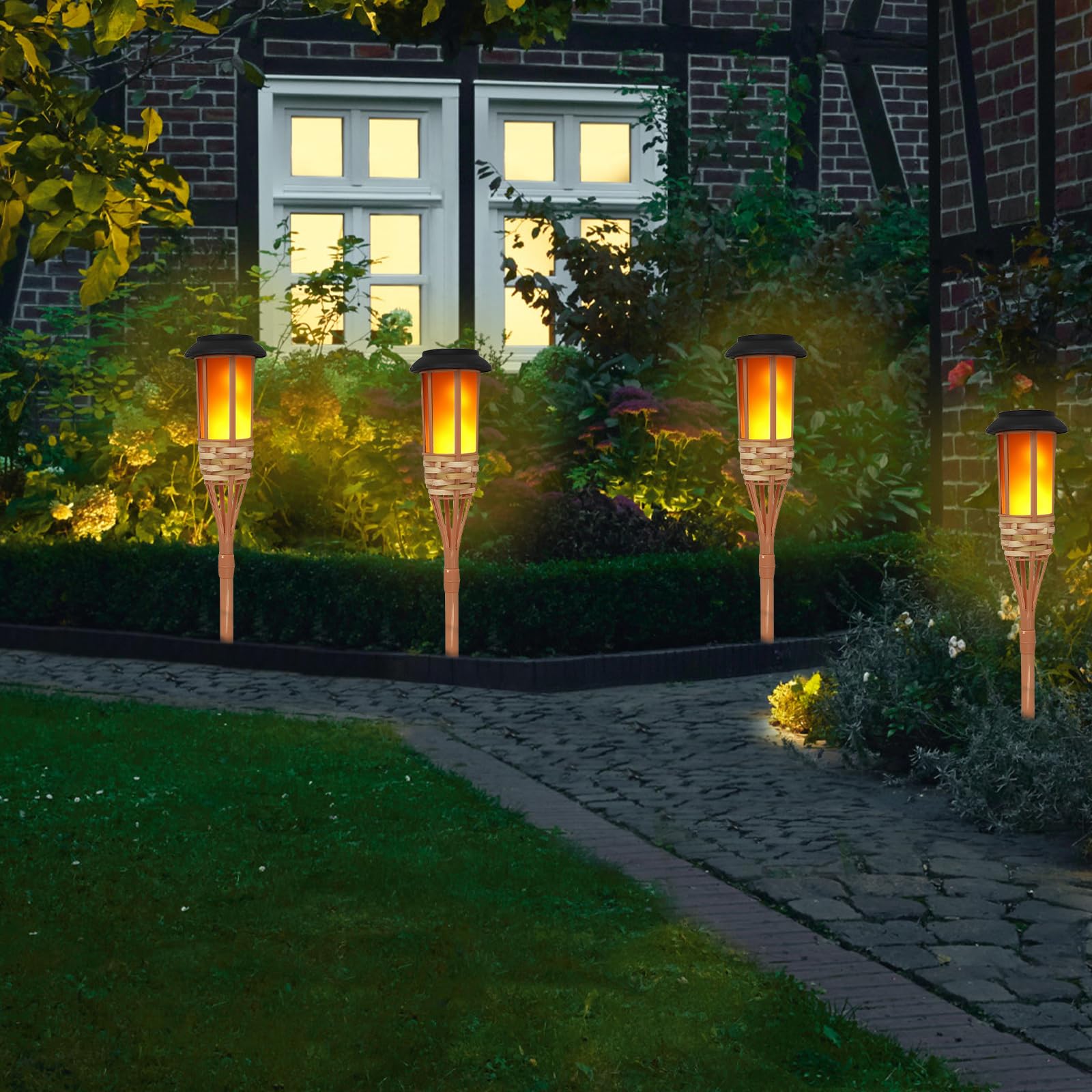 4 lámparas solares para exteriores, lámparas solares hechas a mano, chapa de bambú, antorchas solares con llama parpadeante, decoración exterior para jardín y patio, antorchas solares para exteriores