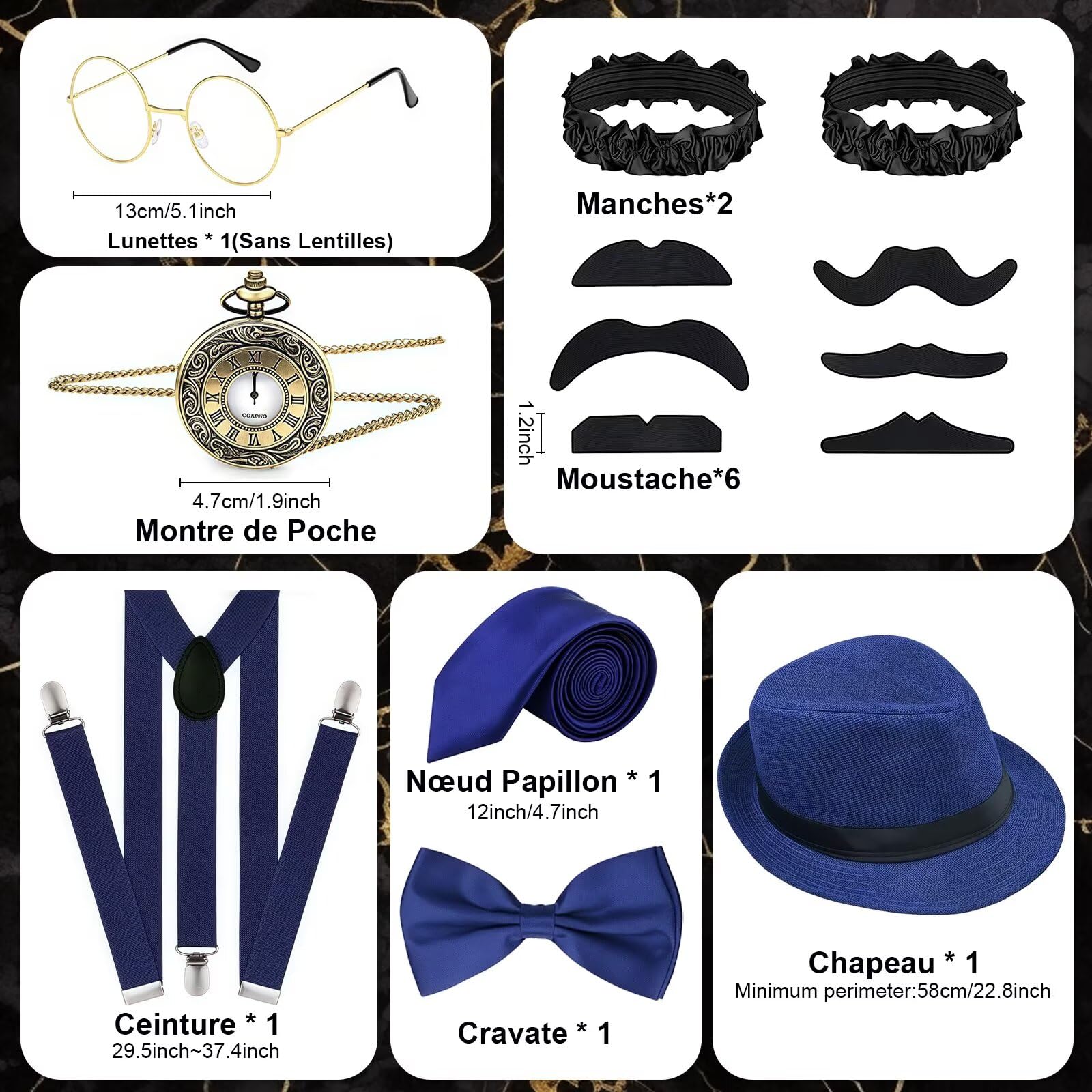 Luckyou Costume Homme Année 20 Costume Gatsby Homme Accessoires avec Cravate Moustache Montre Déguisements Gatsby Annee 20 pour Cosplay Carnaval Halloween de Fête-Black-L