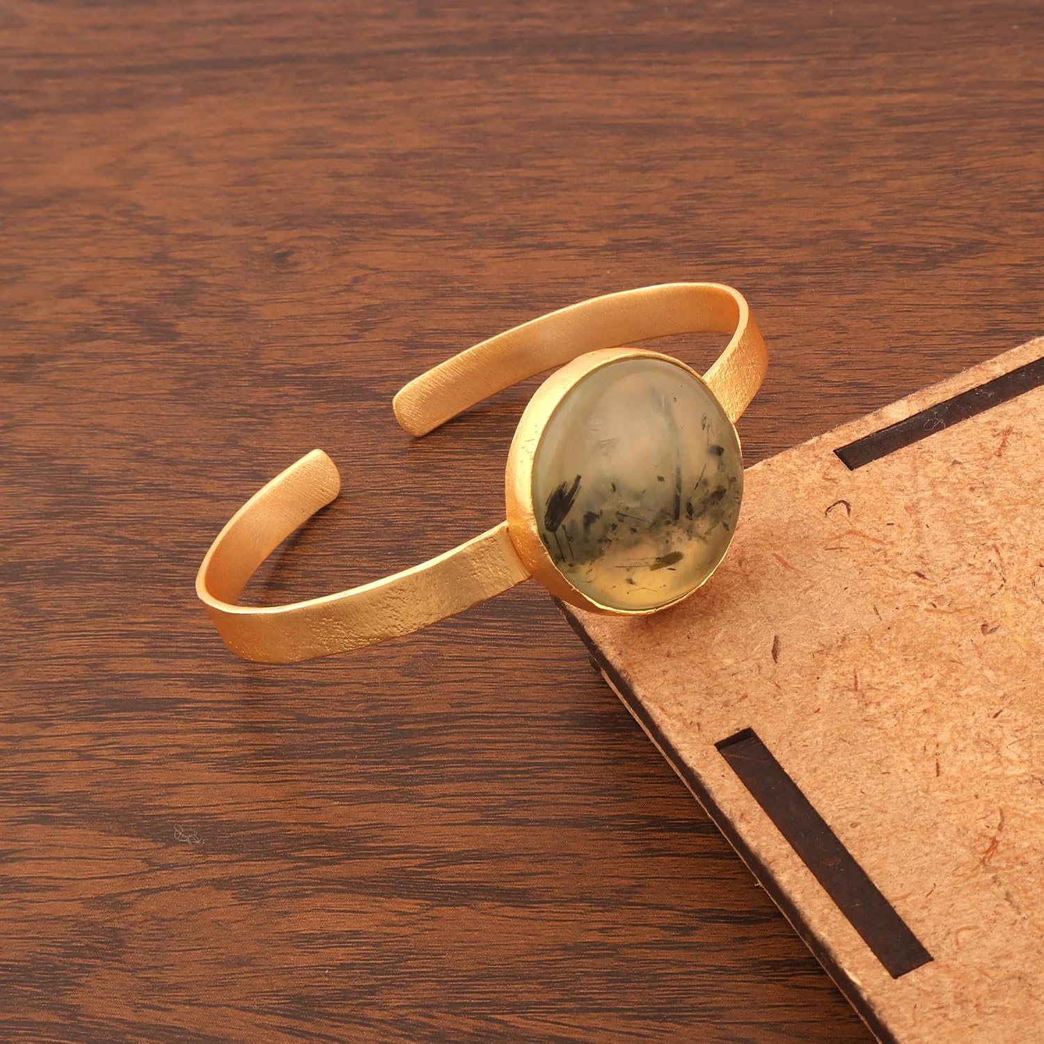 Guntaas Gems Style Prehnite Gemstone Bangle Brass Dull Gold Plated Adjustable Collet Setting Bangle Velentineday Gift & Her