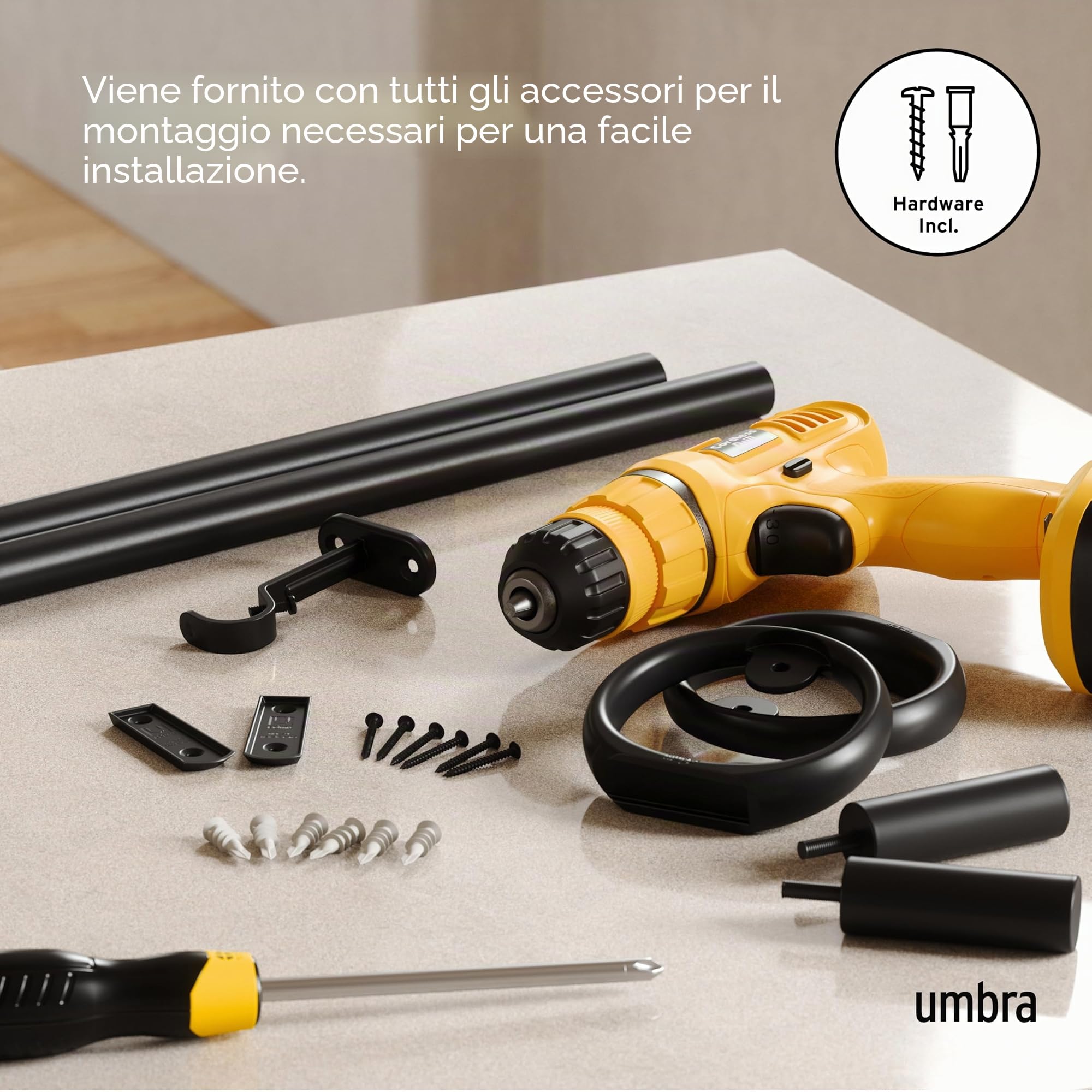 Umbra Ringlet Bastone per Tende Estensibile, 2,5 cm, 107 – 305 cm, 2 Punte, staffe da Parete e Materiale di Fissaggio Inclusi, Lega di Acciaio, Noir Mat, 2.5 cm