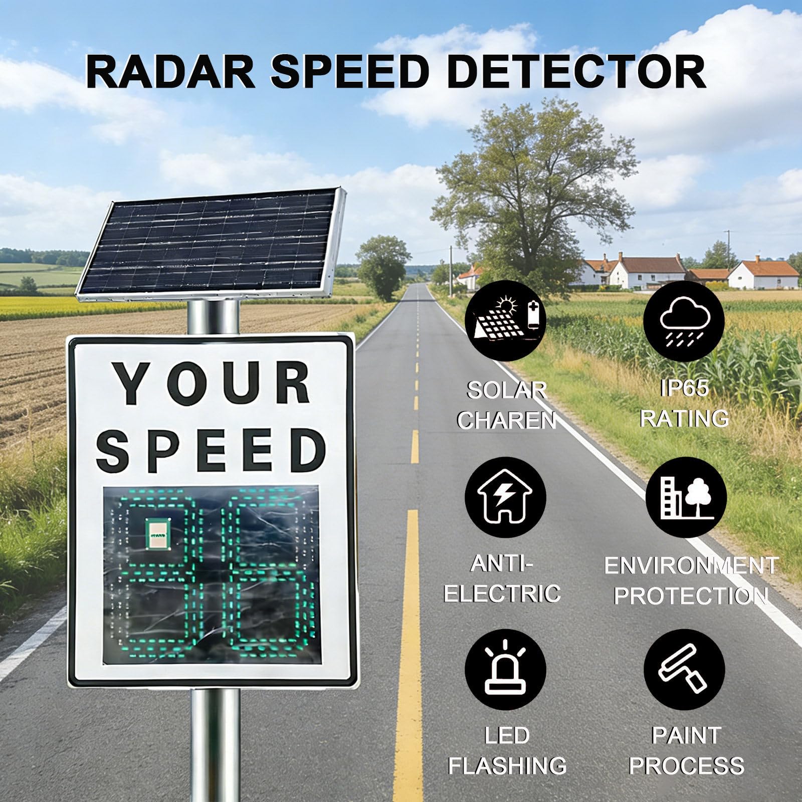 Señal de Velocidad de Radar alimentada por energía Solar eficiente y Detector Digital de Radar de tráfico con Control Remoto, más señales LED Aluminio IP65 visibles para gestión White