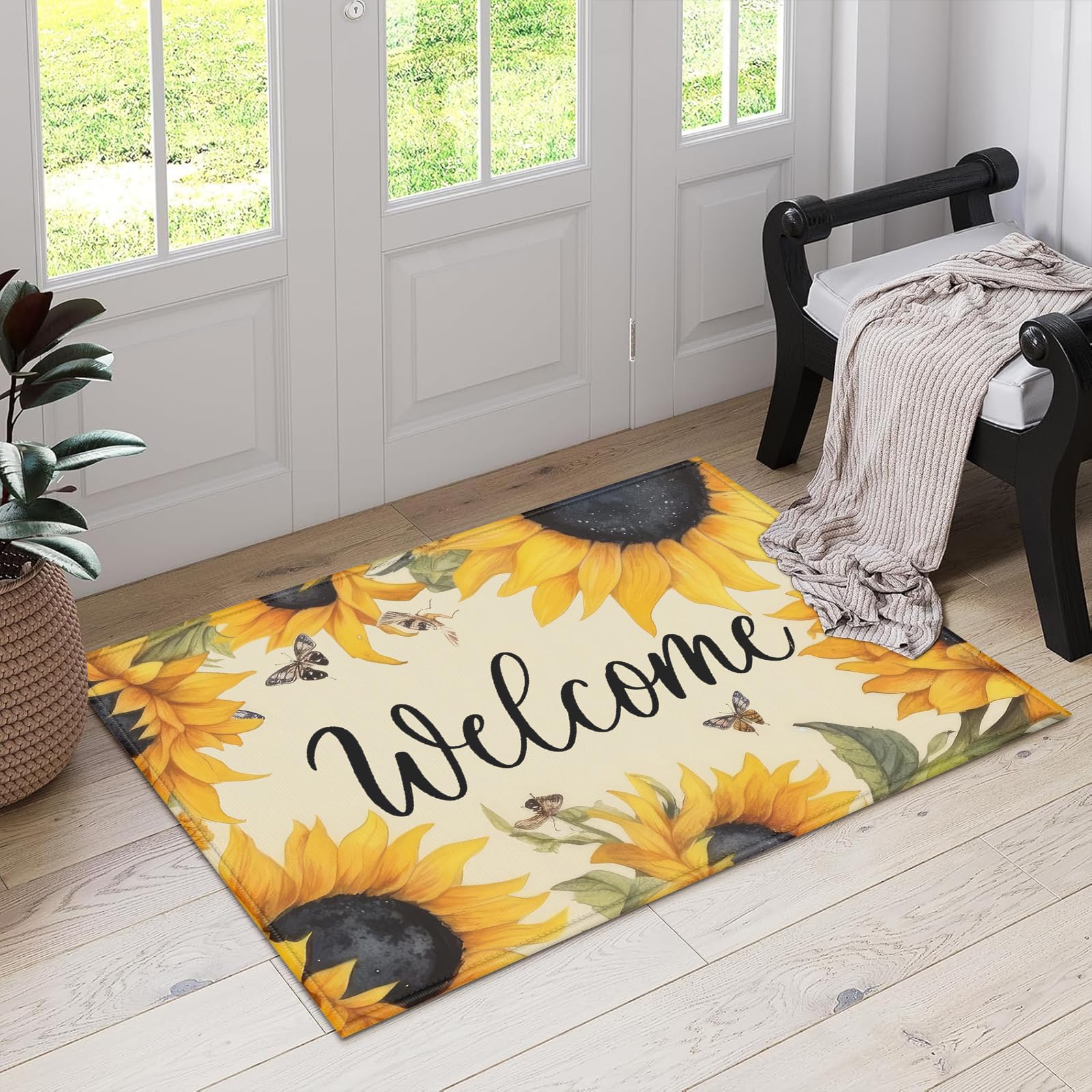 Watercolor Sunflower Welcome Indoor Door Mat, Outdoor Entrance Doormat for Entryway Kitchen Bathroom 17 X 29 Inch