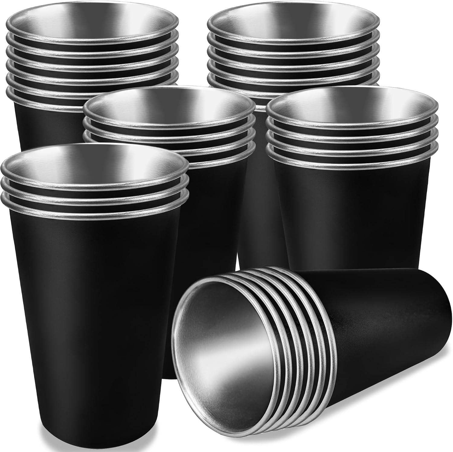 30 Pack Stainless Steel Cups 16 oz Black Pint Cups Bulk Metal Drinking Glasses Stackable Unbreakable Tumblers for Home Bar Travel Party Gifts
