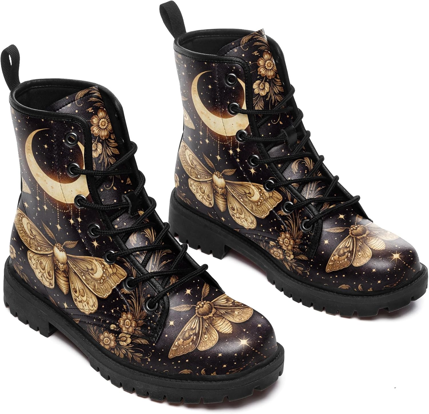 Women’s Mystical Celestial Moth Combat Boots, Comfortable Star & Moon Lace-Up Ankle Boot Platform Booties
