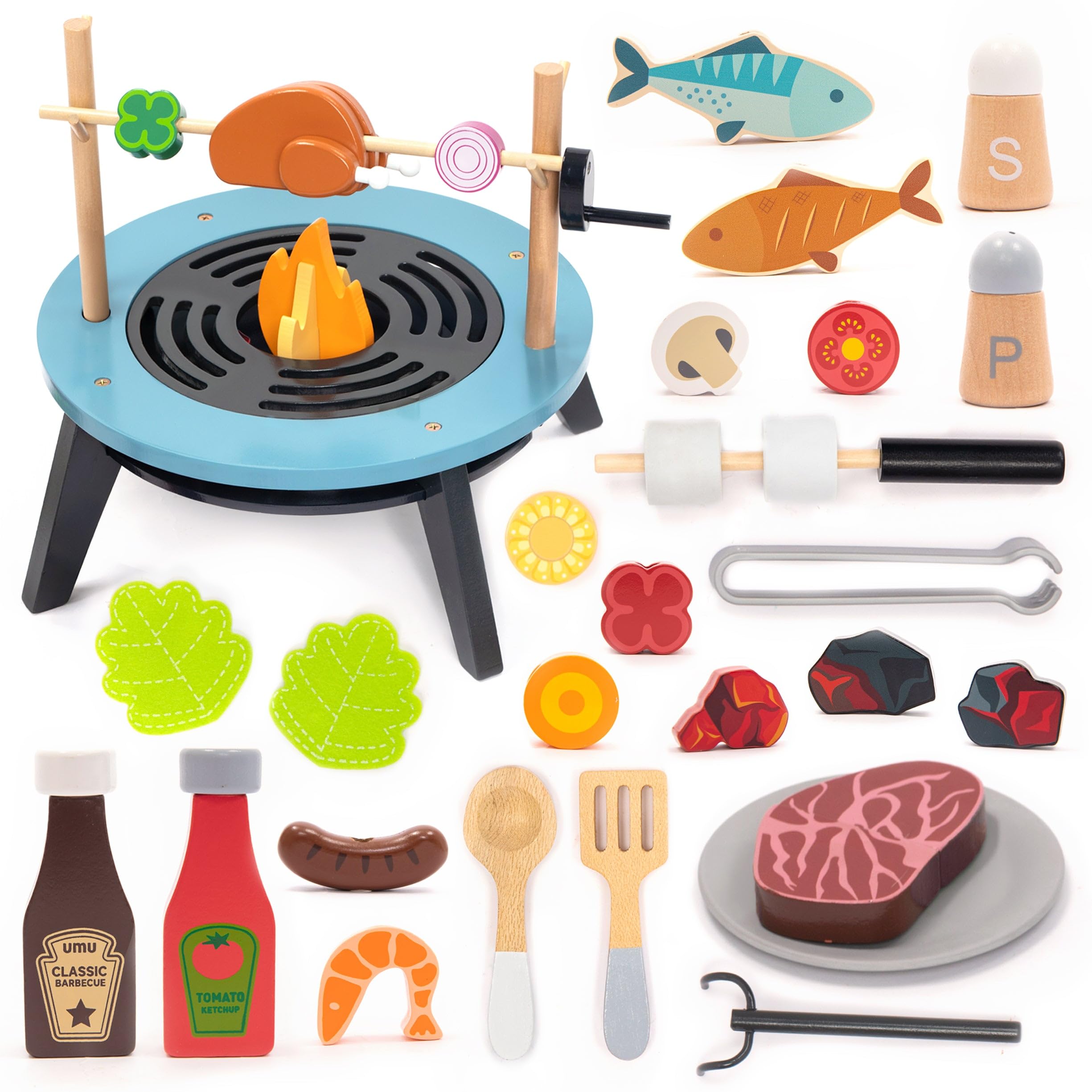 UMU Kids Grill Set, Pretend Play BBQ Toys with Wooden Grill, Cutting Food, and Cooking Accessories – Play Kitchen Outdoor & Indoor Barbecue Toy for Toddlers and Kids Age 3 4 5 6 7 8+