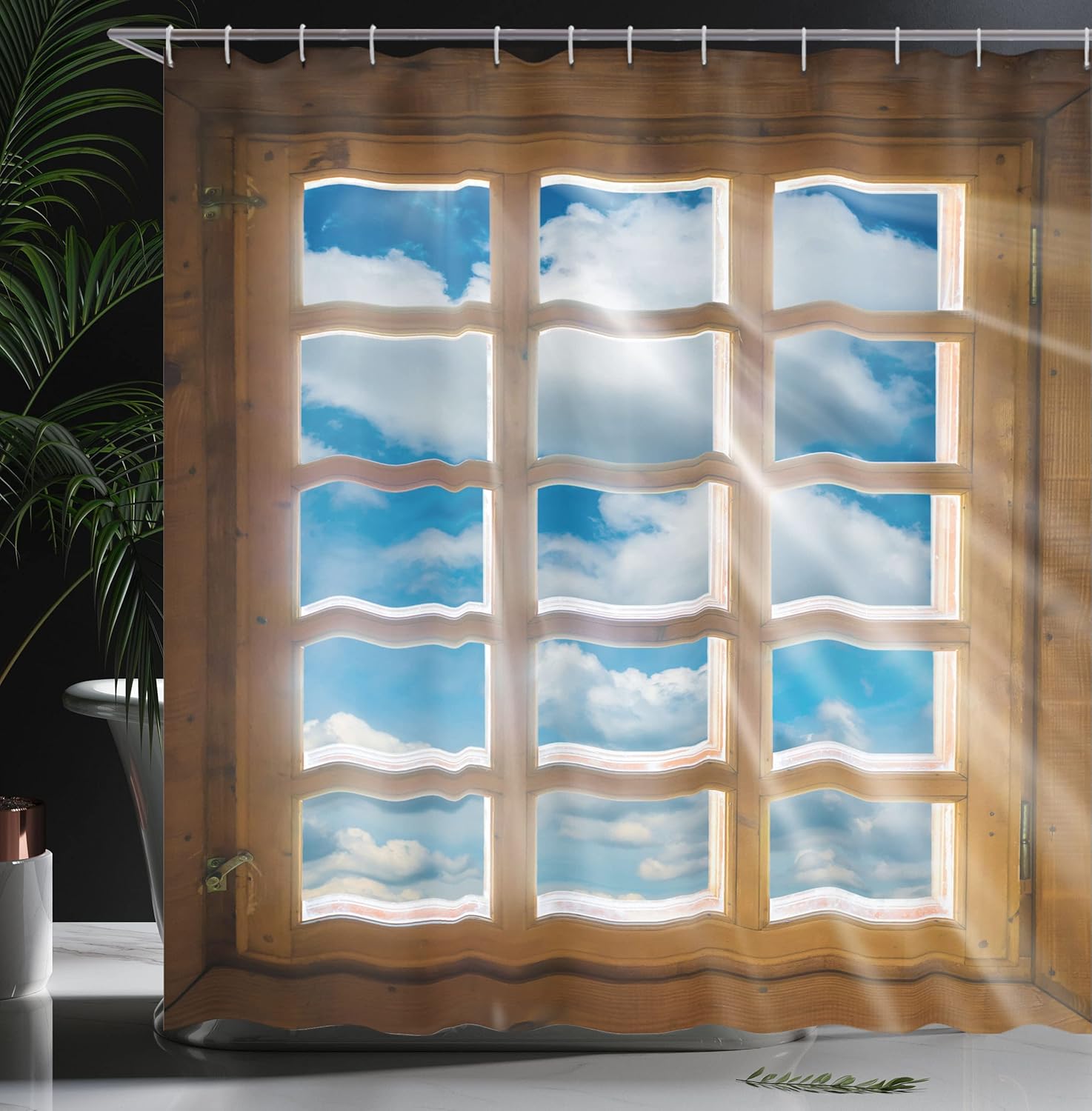 Ambesonne Rustic Shower Curtain, Wooden Window with Beaming Sun Scenic View of Sky and Cloudscape Print, Cloth Fabric Bathroom Decor Set with Hooks, 69" W x 70" L, Pale Brown Blue White