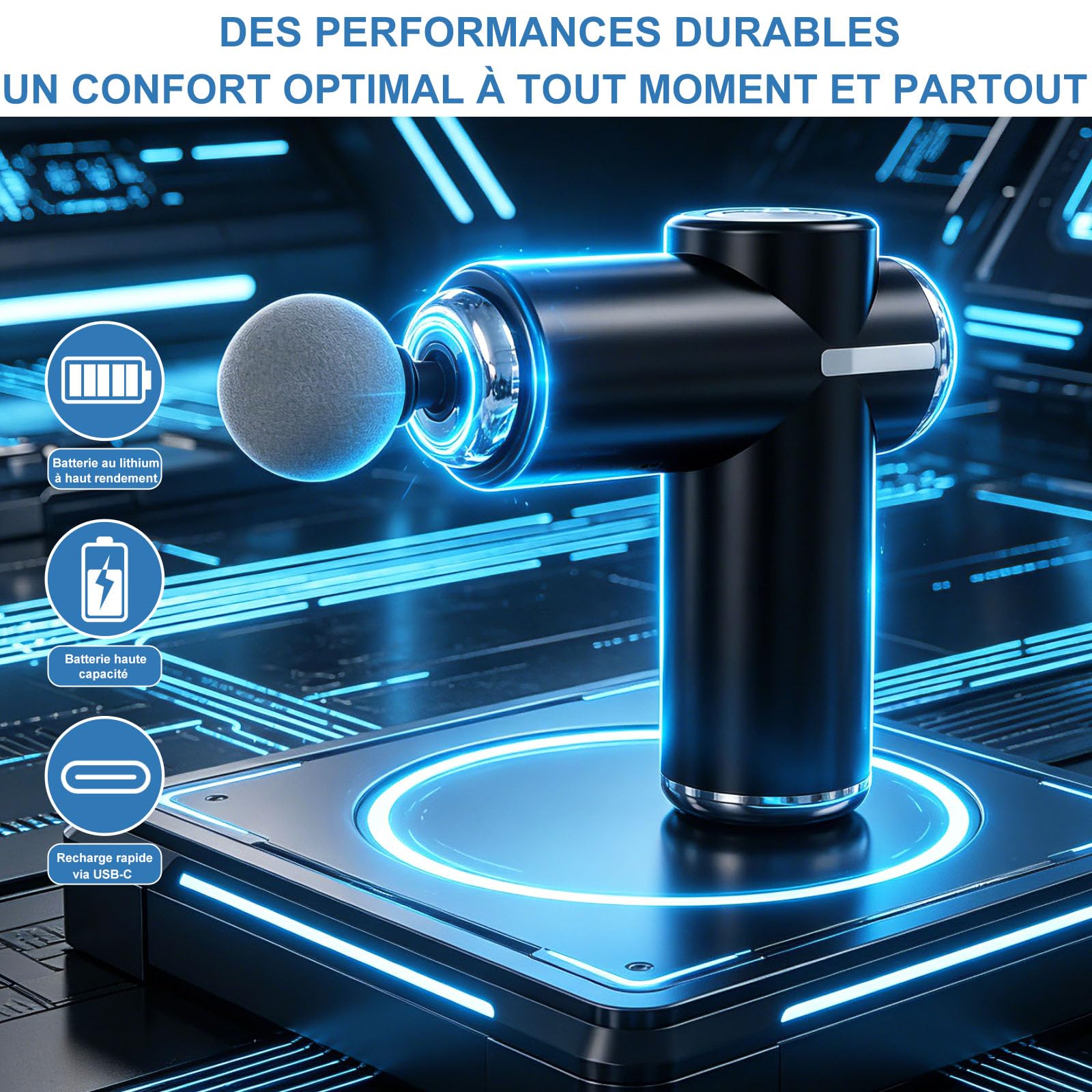 Masseur de tissus profonds, masseur musculaire avec 6 vitesses et 5 têtes de massage, portable, silencieux, pour détendre le corps, le dos et les épaules (noir)