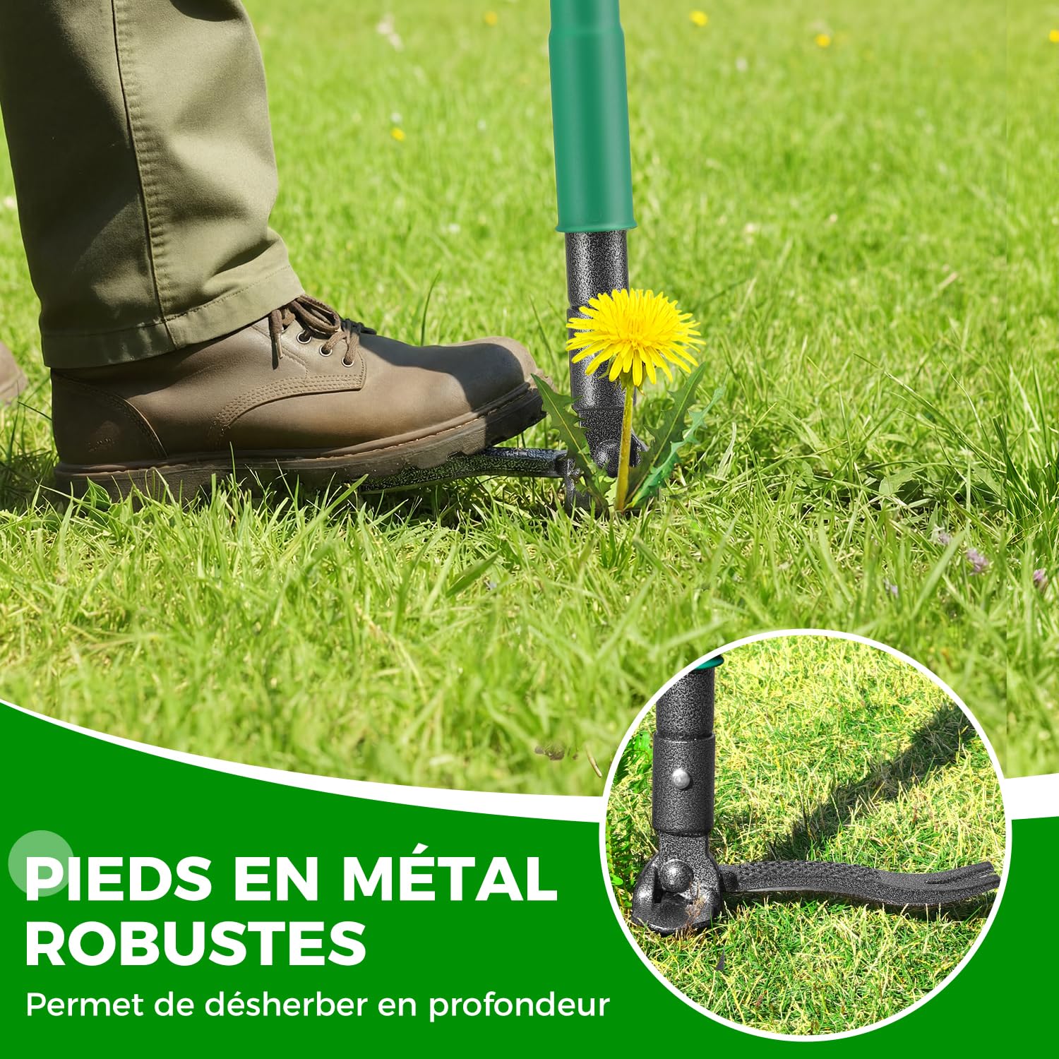 Désherbeur Manuel avec 2 Éjecteurs de Mauvaises Herbes, 1.1m Arrache Pissenlit, Manche en Bambou Véritable, 4 Griffes en Métal et Pédale, Outillage de Désherbage pour Le Jardin