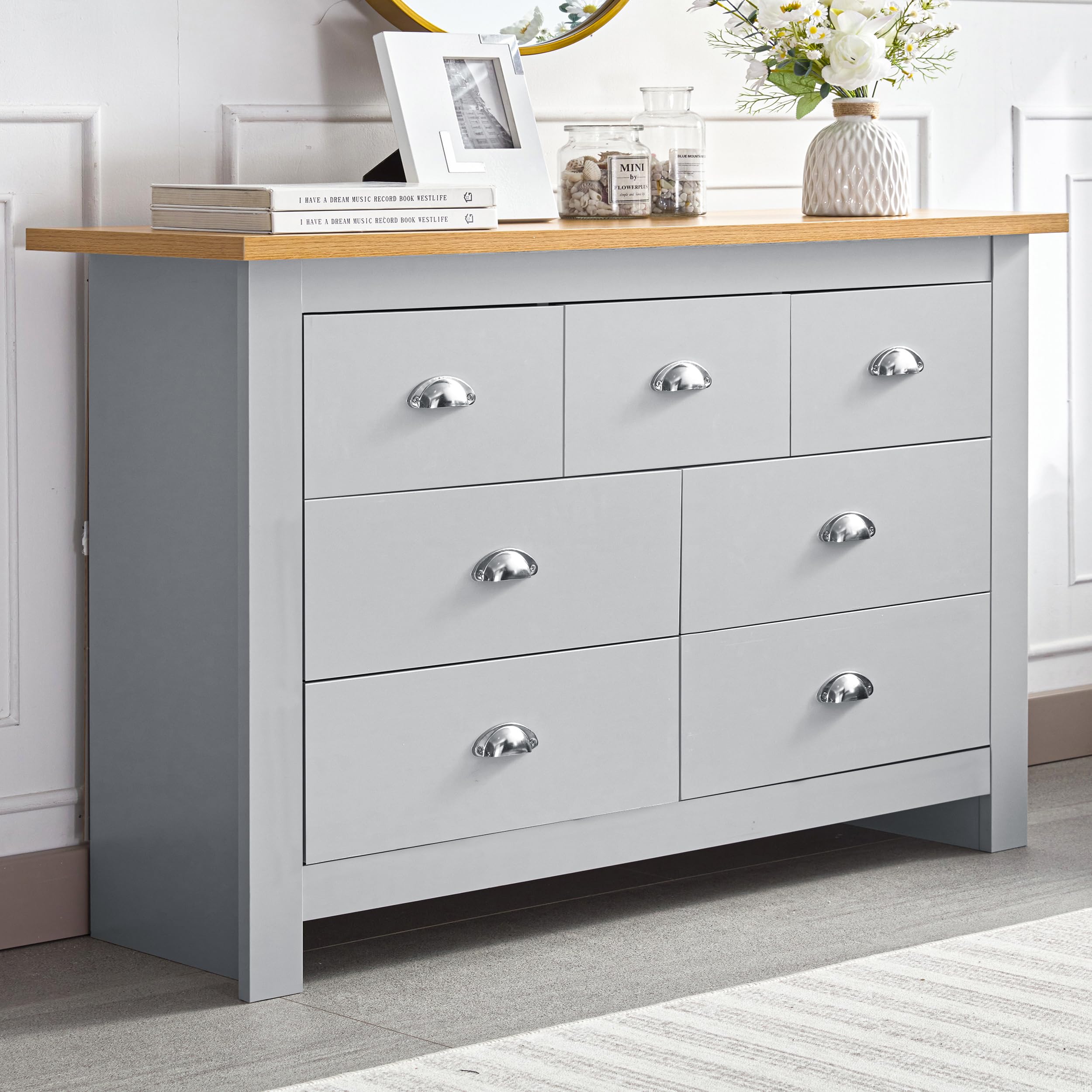 Chest of Drawers Bedroom MDF 4+3 Drawer Chest of Draws With Stainless Steel Cup Handle Bedside Table Cabinet Storage For Living Room, Hallway, Furniture, Grey/Oak 35D x 111.5W x 81H cm — image 1