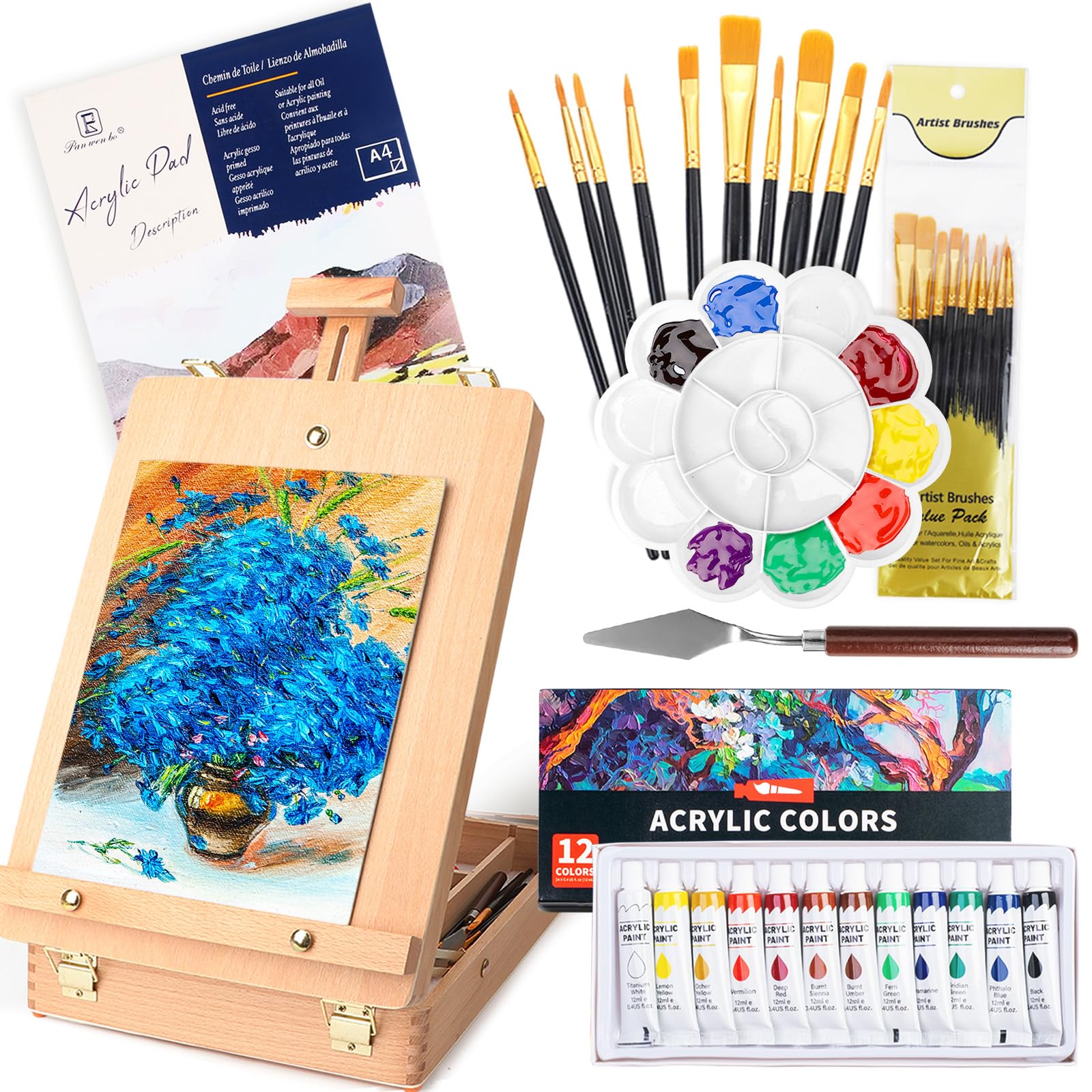 WOWOSS Tabletop Art Easel Box Set, 26 PCS Painting Kit for Adult Artists & Beginners, Easel Stand with 12 Acrylic Paints, 12 Sheets Acrylic Pad, Brushes, for Indoor & Outdoor Use, Painting & Sketching