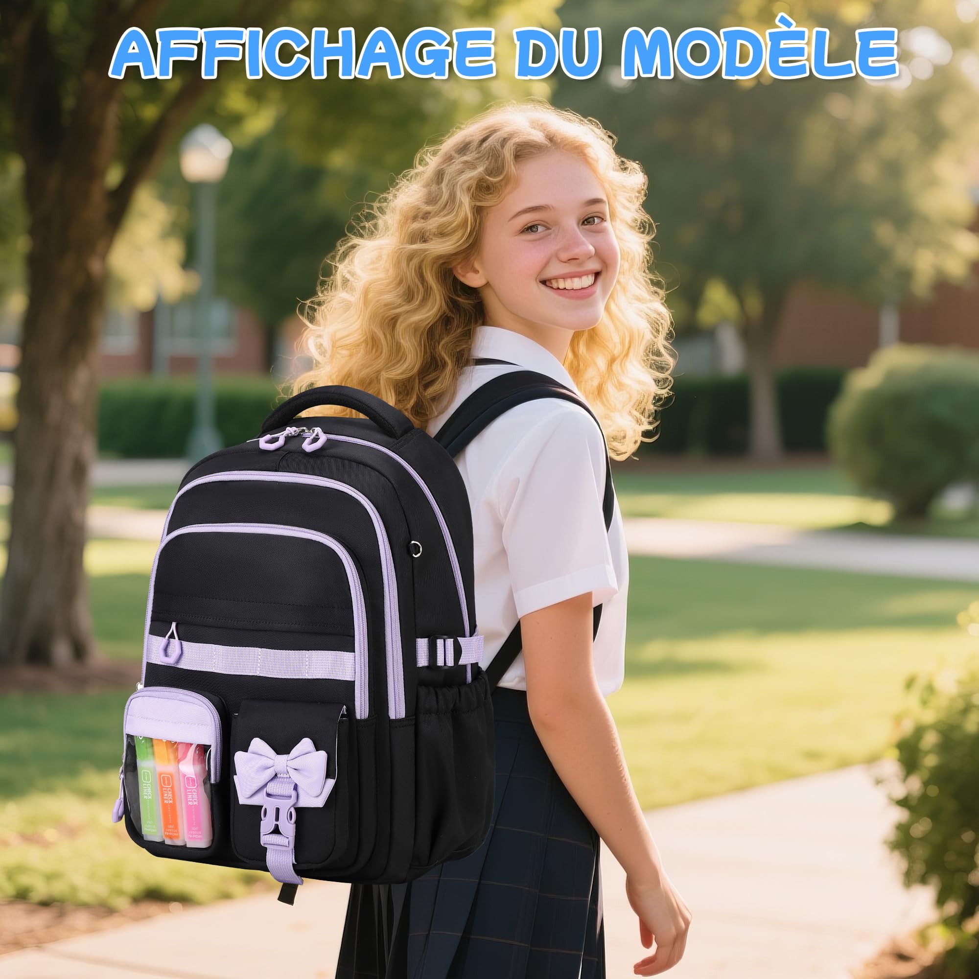 Sisipoet Cartable Fille Primaire, Sac à Dos Scolaire College Étanche Daypack pour Adolescentes, Cartable Kawaii à Carreaux pour Filles de 10 à 16 an pour les Voyages - 3