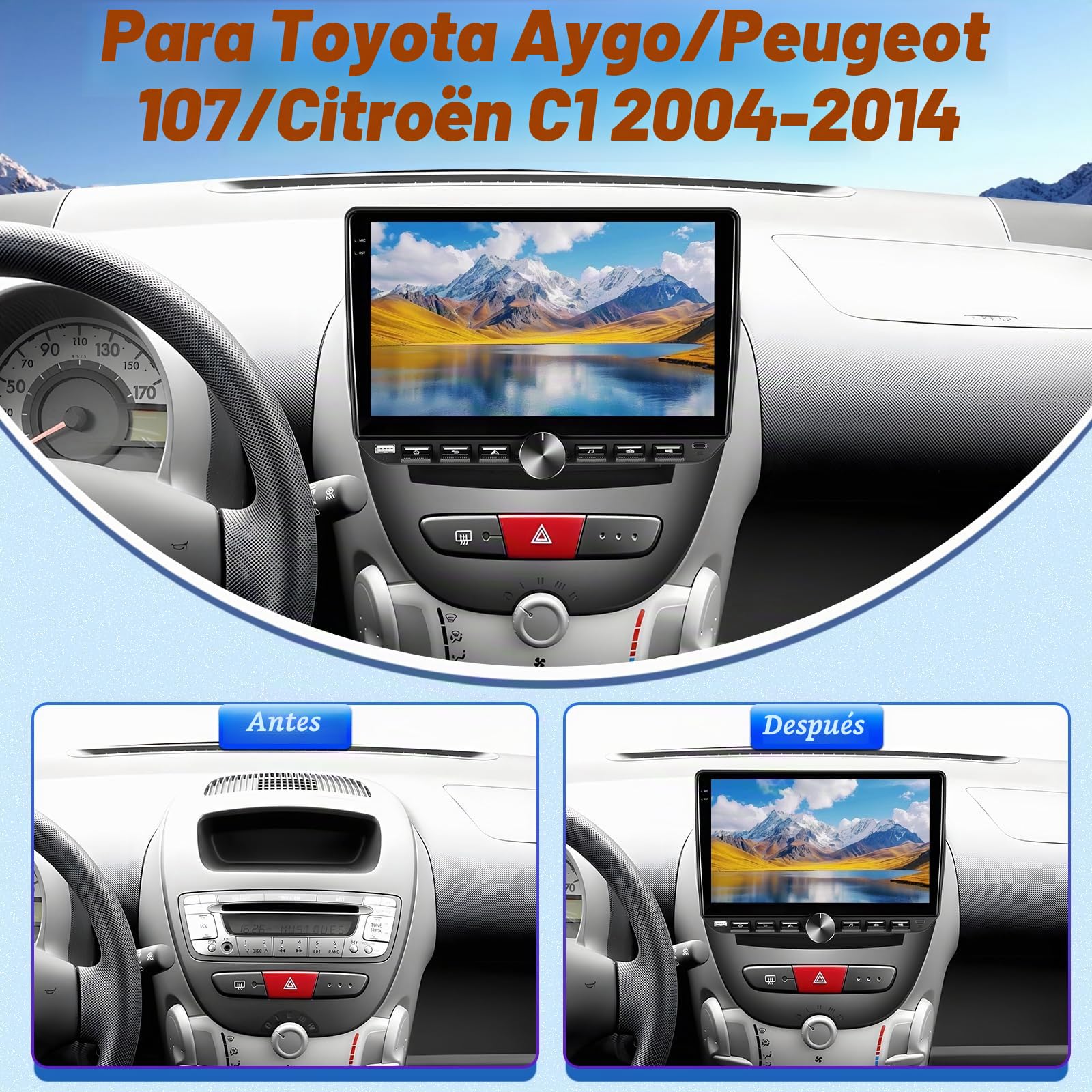 Radio para Coche 4G+64G para Toyota Aygo/Peugeot 107/Citroën C1 (2004-2014), Pantalla táctil Android de 10 Pulgadas, Audio 32EQ, Pantalla 1280 * 720, Carplay, Android Auto, SWC, Bluetooth 5.0, WiFi