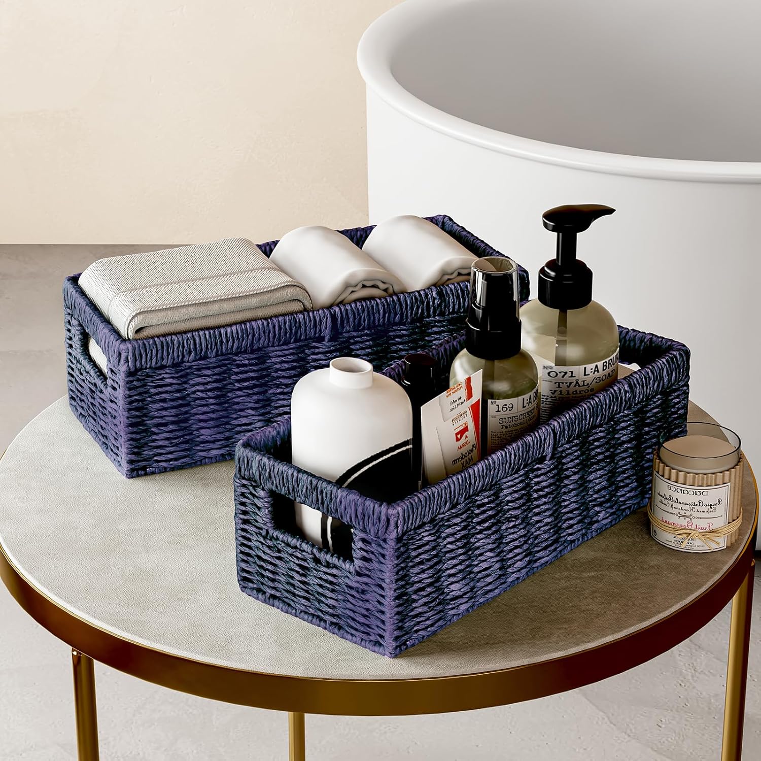 Vagusicc Wicker Storage Basket, Paper Rope Wicker Baskets with Handles, Toilet Paper Basket for Toilet Tank Top, Small Wicke Baskets for Organizing Shelves, 2-Pack, Purple