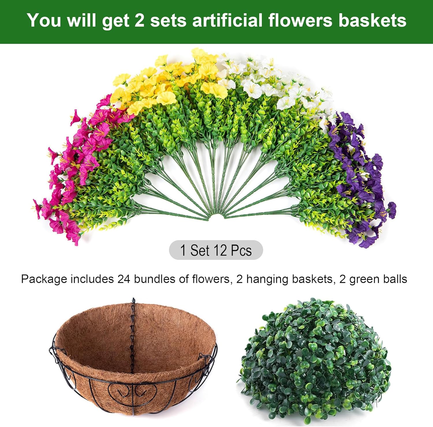 2 Set Artificial Fake Hanging Flowers Plants Baskets for Outdoors Spring Outside Decor , UV Resistant 24 Pcs Faux Silk Morning Glory with 2 Outdoor Hanging Planters Look Real for Porch Patio Balcony