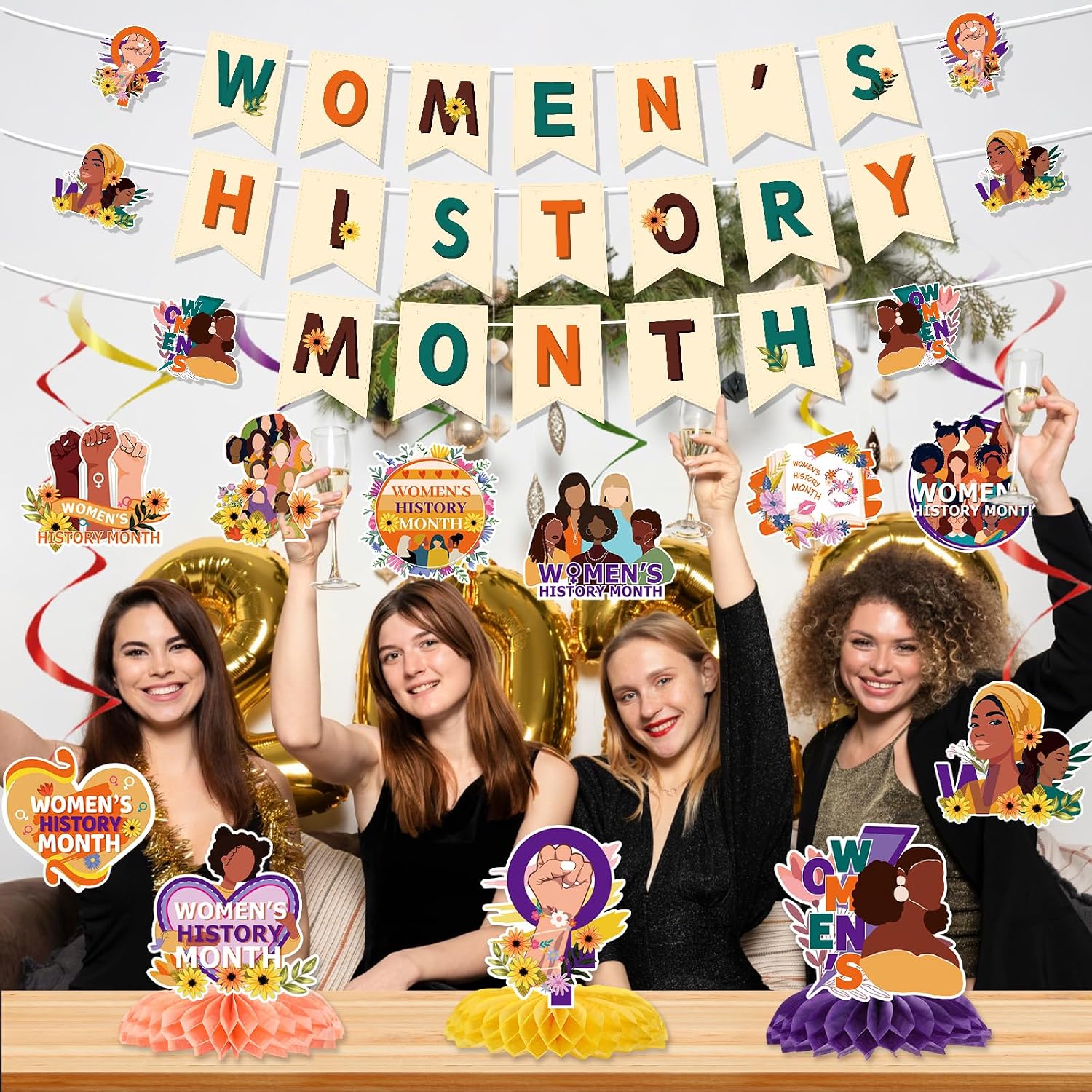 Women's History Month Party Decorations, Womens History Month Banner Hanging Swirls Kit Wall Decor, Mother's Day Honeycomb Centerpieces Table Holiday Decorations Supplies