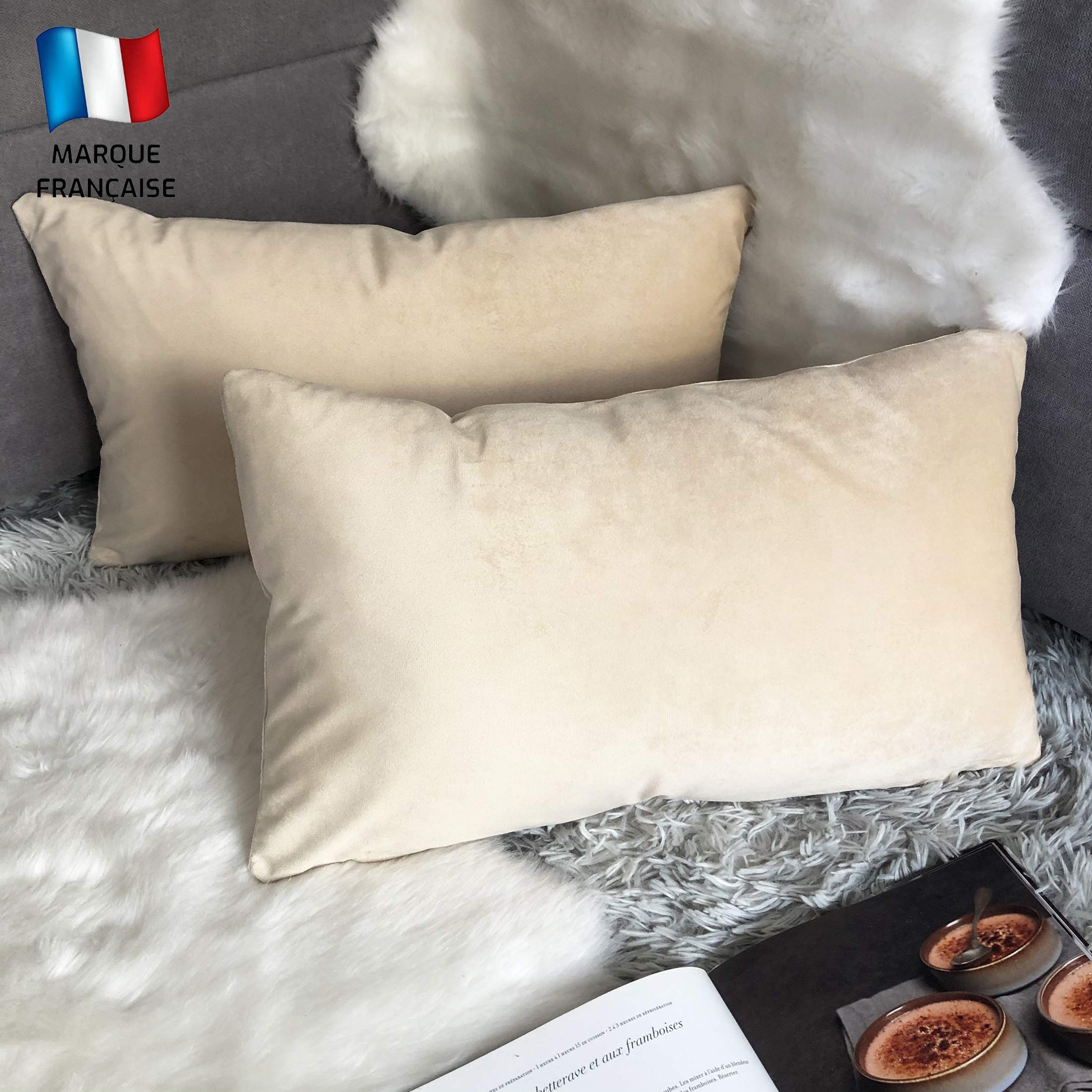 Douceur De Plumes Juego de 2 Fundas de cojín Beige 30x50 Terciopelo Decorativo Liso, Suave y Moderna Funda de Almohada Cuadrada, decoración escandinava Sala, sofá, Dormitorio (2 Beige)