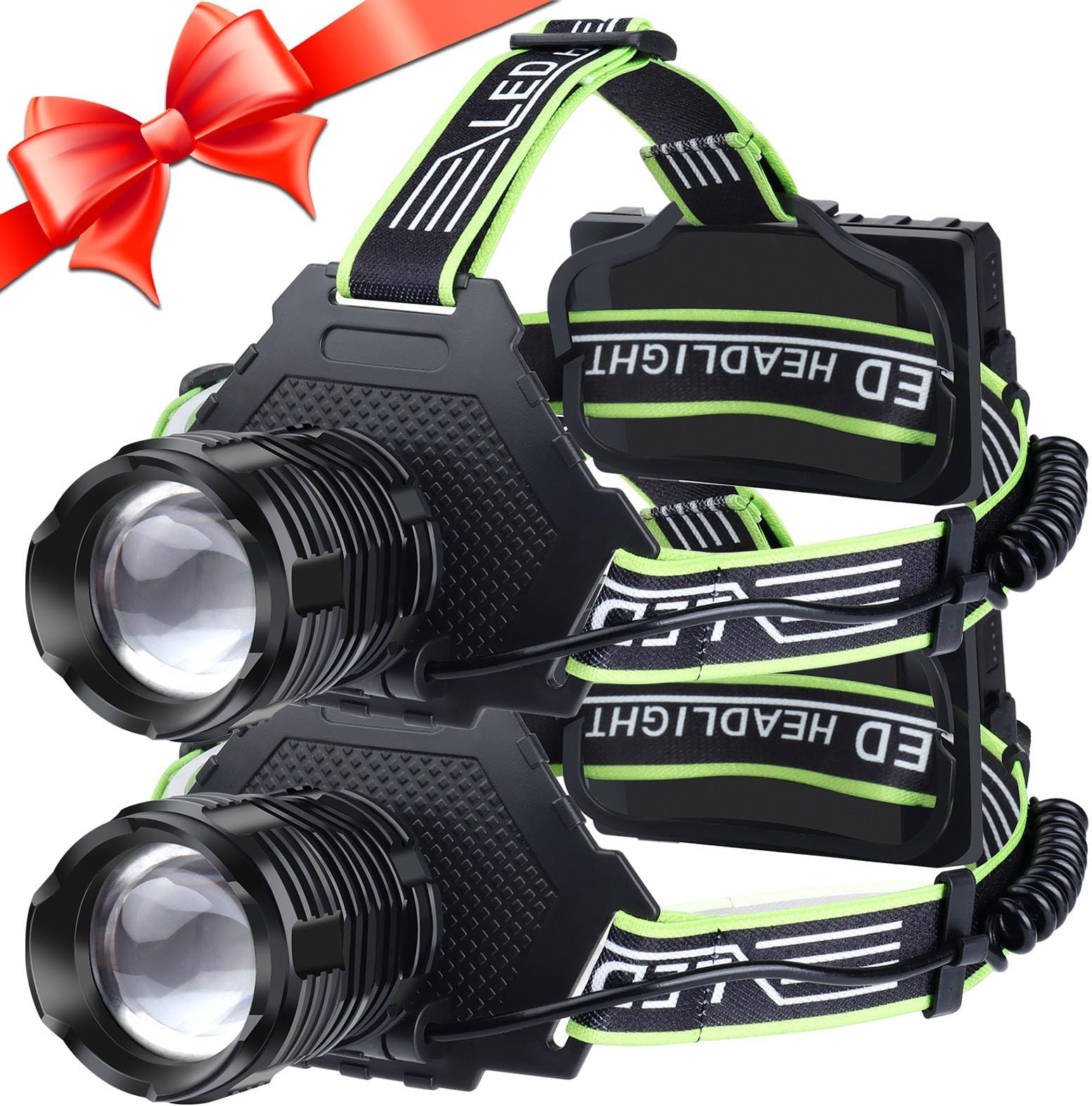 Foleto Rechargeable LED Headlamp, 100000 High Lumens Headlamp Super Bright with 5 Modes, IPX7 Waterproof, 90° Adjustable, Zoomable Head Lamp Flashlight for Outdoor Camping, Running, Hiking (Green)
