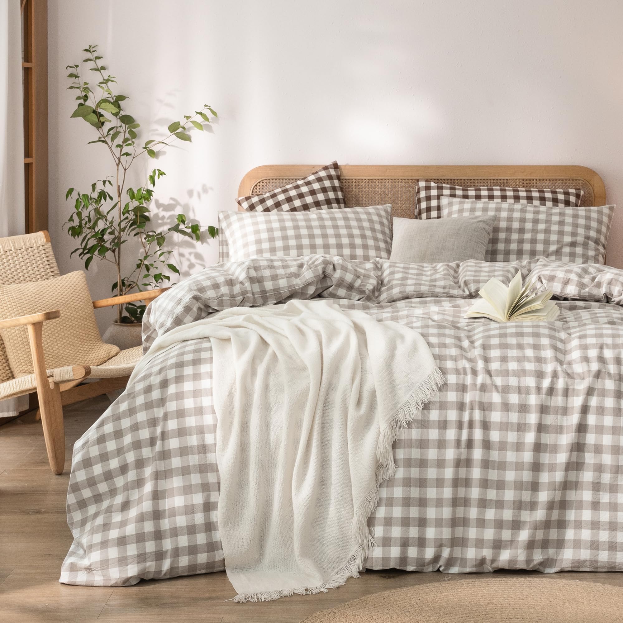 BESTOUCH Gingham Cotton Duvet Cover Set Linen Grey Queen