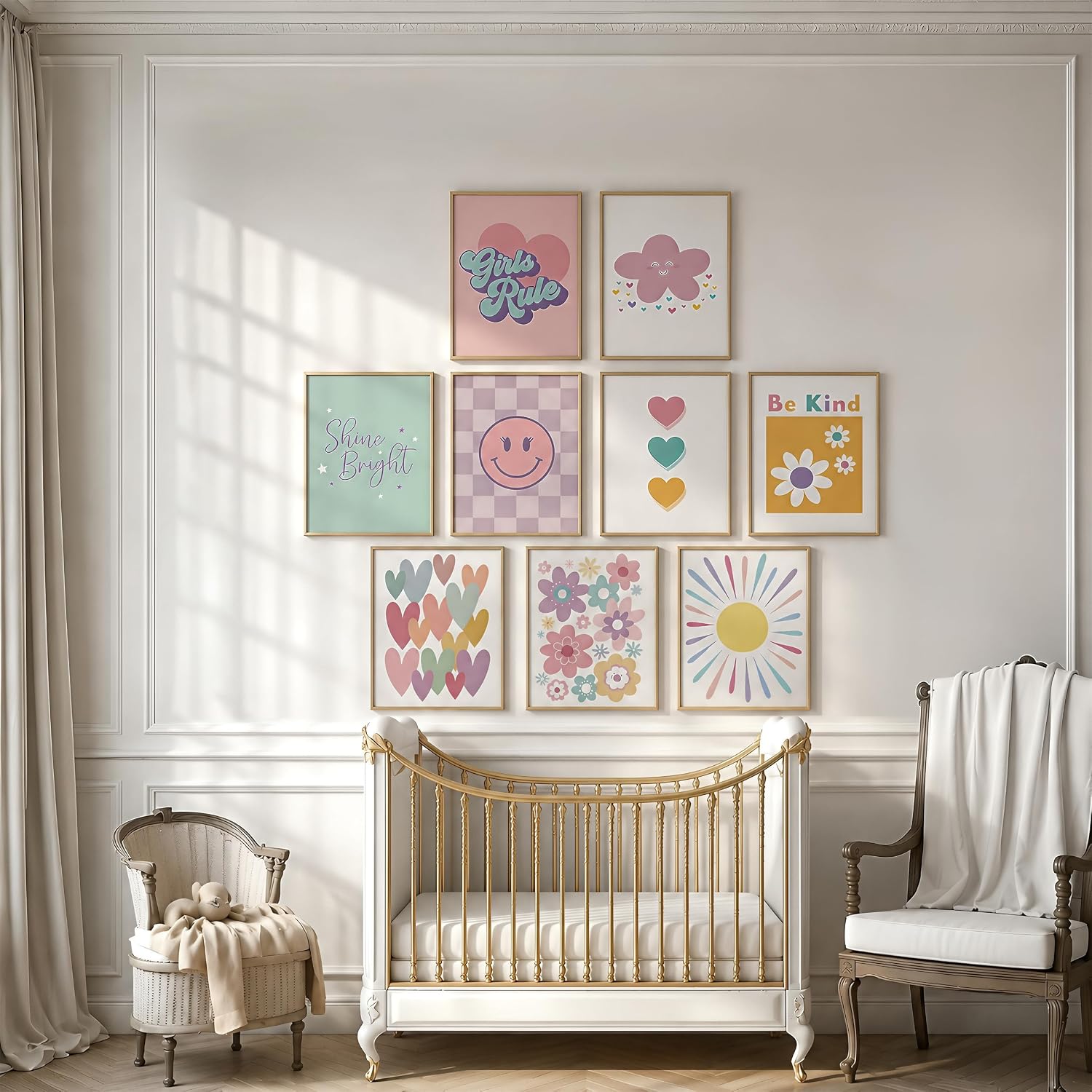 tgguytiy 9 Pcs Girls Room Wall Art Set, Pink Pastel Kids Canvas Posters with Hearts Smile Flowers, Cute Inspirational Nursery Decor for Baby Toddler Teen Girl Bedroom Playroom 8x10 Inch Unframed