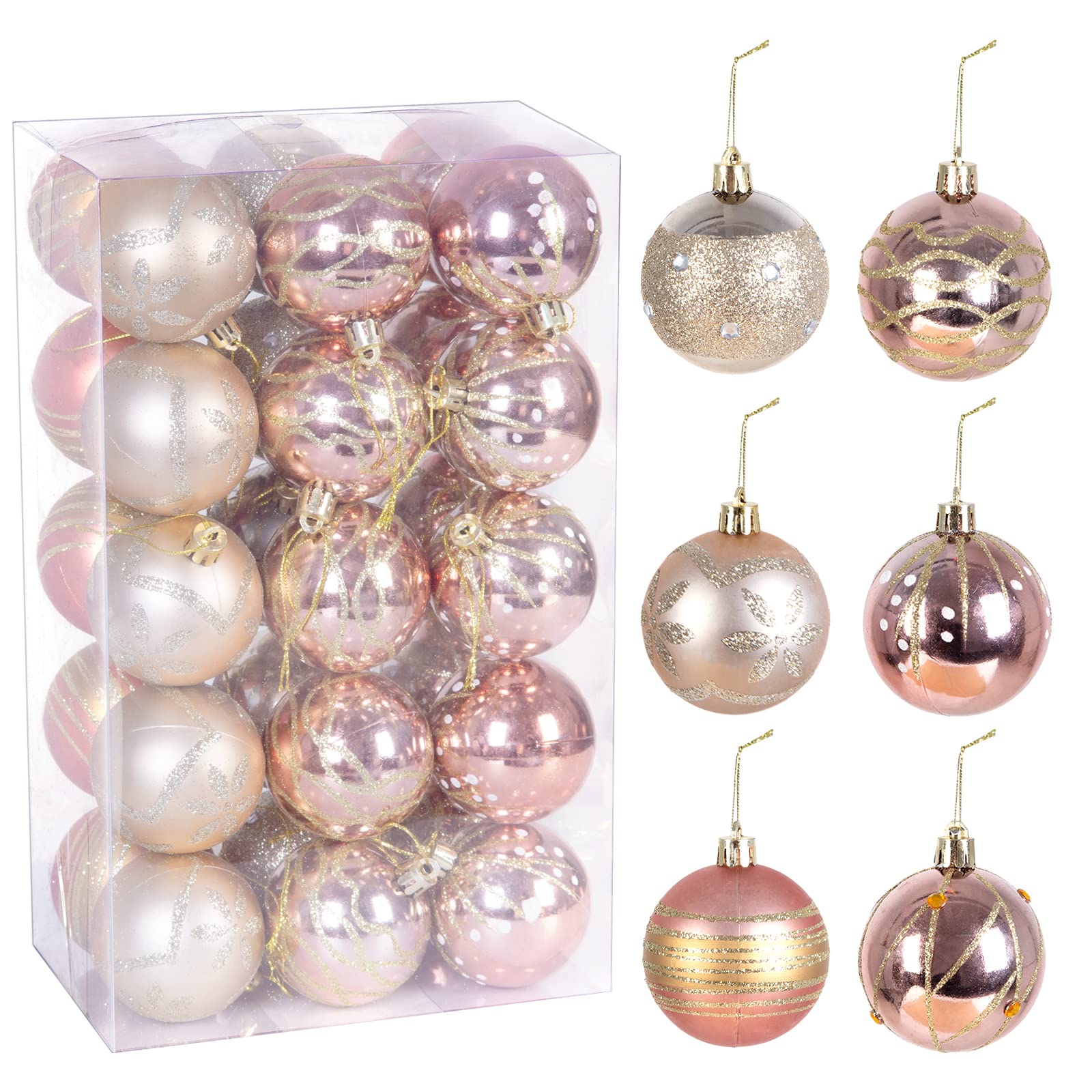 AGM 30 PCS Weihnachtskugeln 6 cm, Christbaumschmuck, Bruchsichere Glitzer-Ornamente, Hängekugel für Partys, Hochzeiten, Festivals (Roségold)