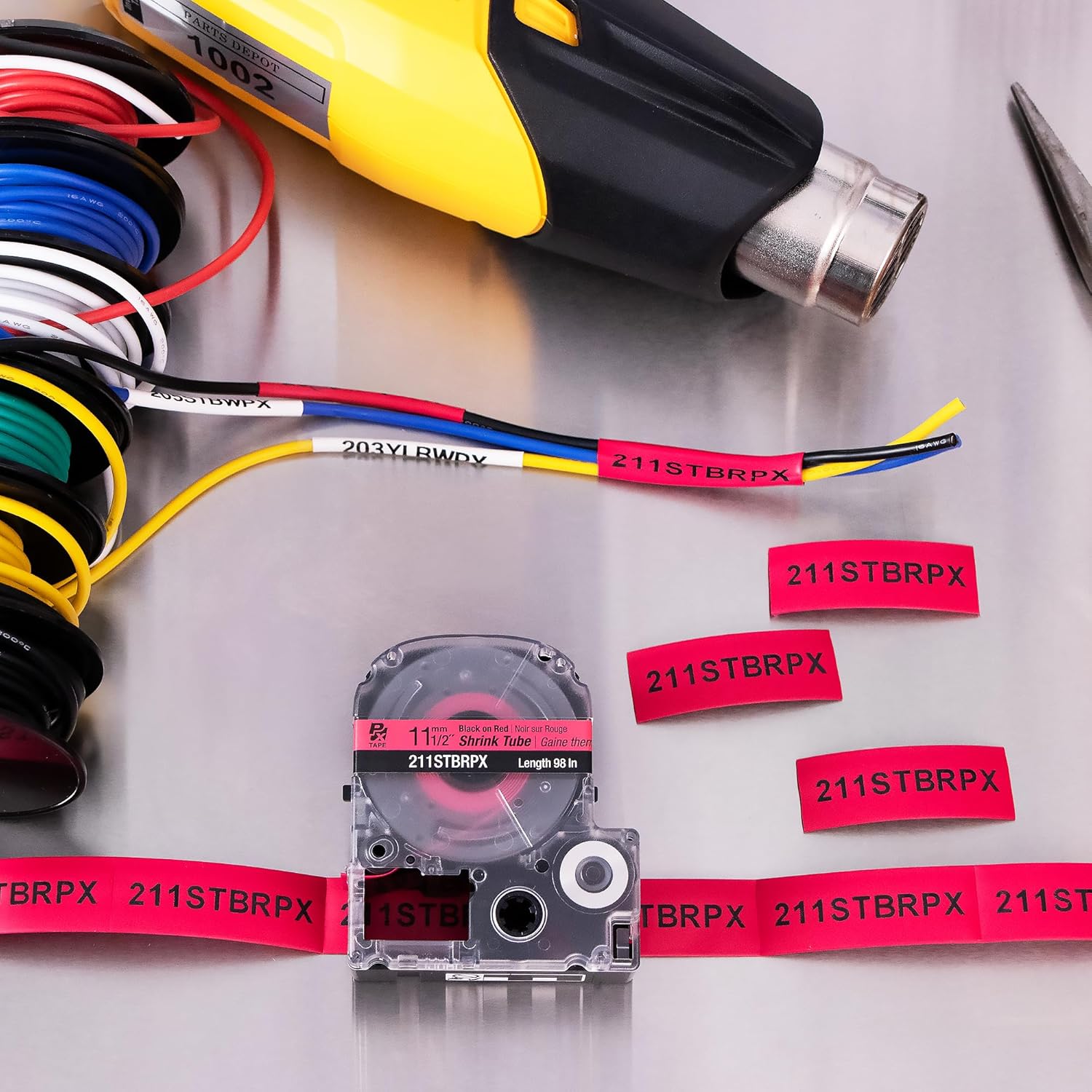 Epson LABELWORKS 211STBRPX Genuine Shrink Tube AWG 2-8 Black on Red Shrink Tube - 1/2" (11MM) Wide, 96"