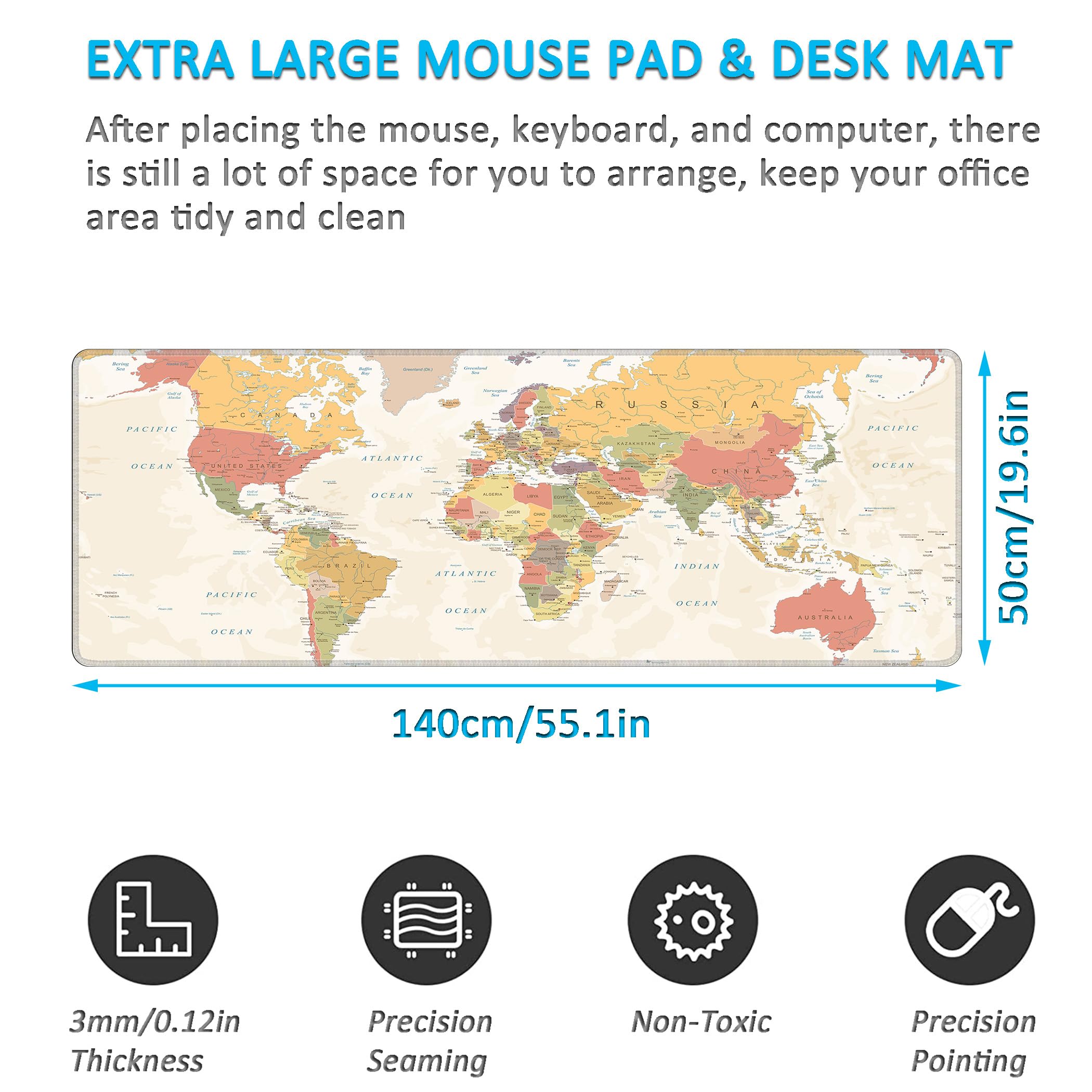 LL-COEUR Weltkarte Große Mousepad mit Vernähte Kanten 140x50x0,3cm Erweitertes Mauspad Tastaturunterlage Large Tischunterlage mit Rutschfeste Gummibasis XXL