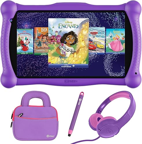 Contixo Paquete de tabletas de aprendizaje Disney Kids de 7 pulgadas, auriculares, lápiz capacitivo y bolsa, libro de cuentos Disney preinstalado