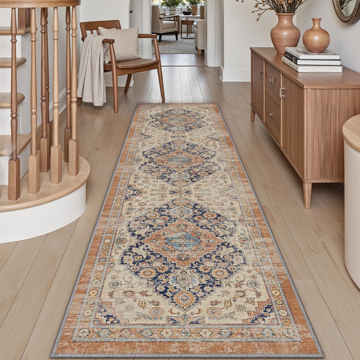 DEXI Hallway Runner Rug 60 x 150 cm, Non-Slip Long Washable Entryway Floor Mats, Absorbent Thin Vintage Carpet Runners for Kitchen, Laundry, Bedside, Orange