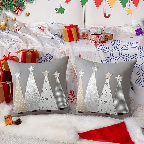 Miniatura 2 de Juego de 2 fundas de almohada de Navidad de 18 x 18 pulgadas, fundas de almohada plateadas brillantes y elegantes con árbol de Navidad para