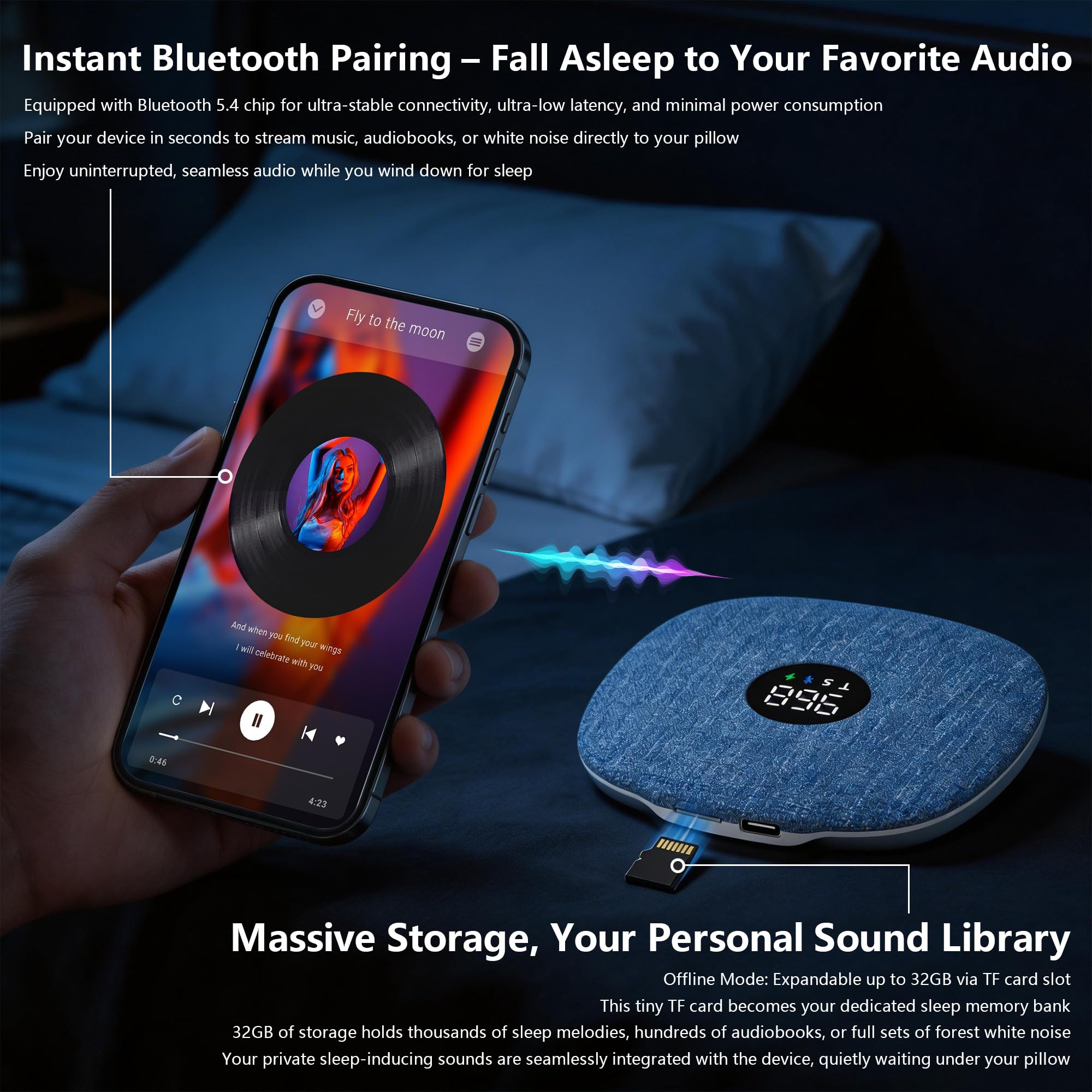 Mhaohuofu Under Pillow Speaker for Sleeping, Dual Bone Conduction Bluetooth Pillow Speaker with LED Display, Two Playback Modes, Timer Adjustment, 16 Hours Battery Life for Sleep Aid (Blue) — view 6