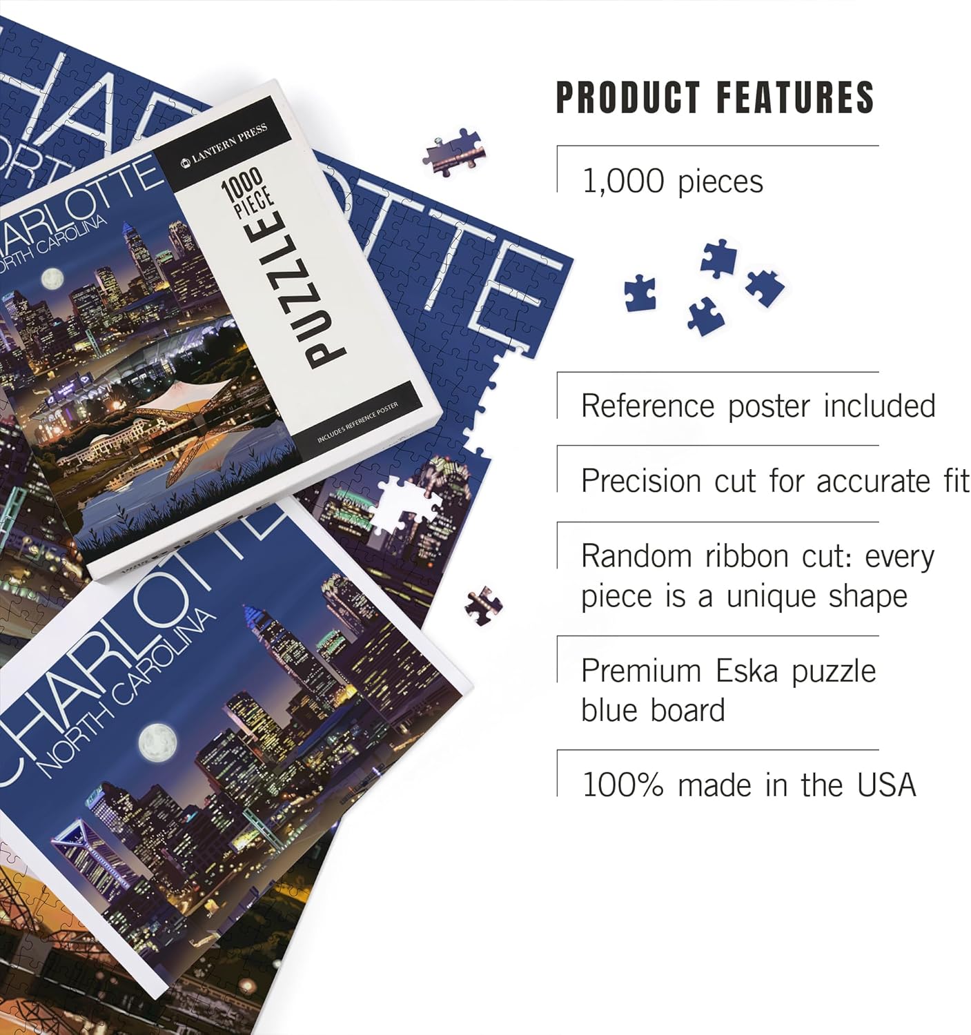 Lantern Press Charlotte, North Carolina, Skyline at Night 1000 Piece Jigsaw Puzzle for Adults, Made in USA with Reference Poster