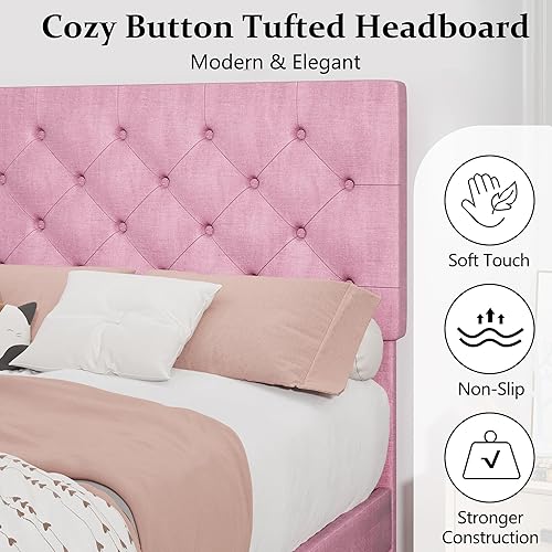 Miniatura 154 de BarnFurin Base de cama de tamaño matrimonial con cabecero, cama de plataforma tapizada con cabecera capitonada con botones ajustables, marco de cama