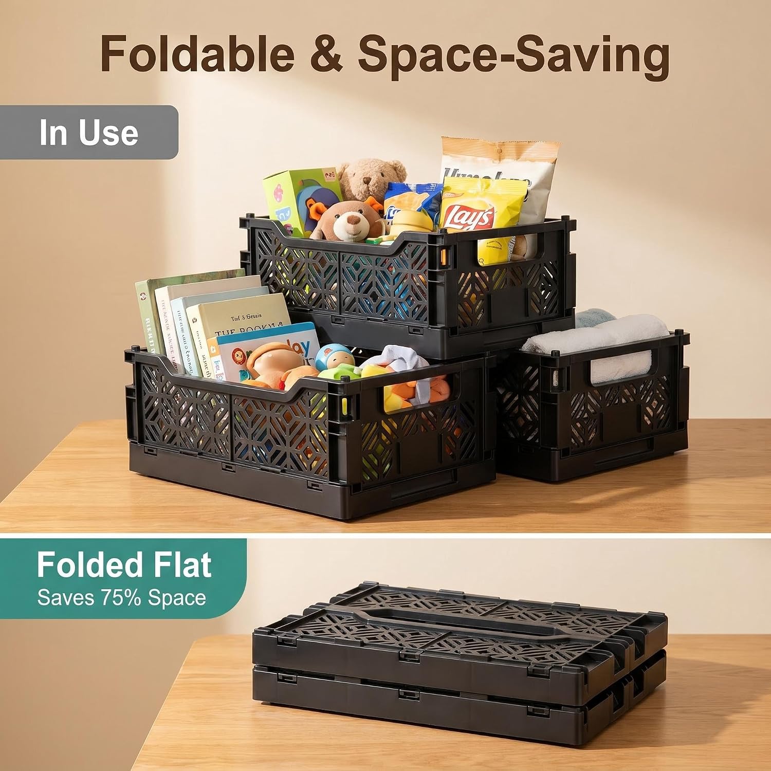 6-Pack Collapsible Plastic Storage Baskets, Stackable Bins with Label Slots | Plastic crates(12.2"x8.3"x4.7"). Fold flat to save space. Ideal for pantry, toys, office shelf organization & decluttering