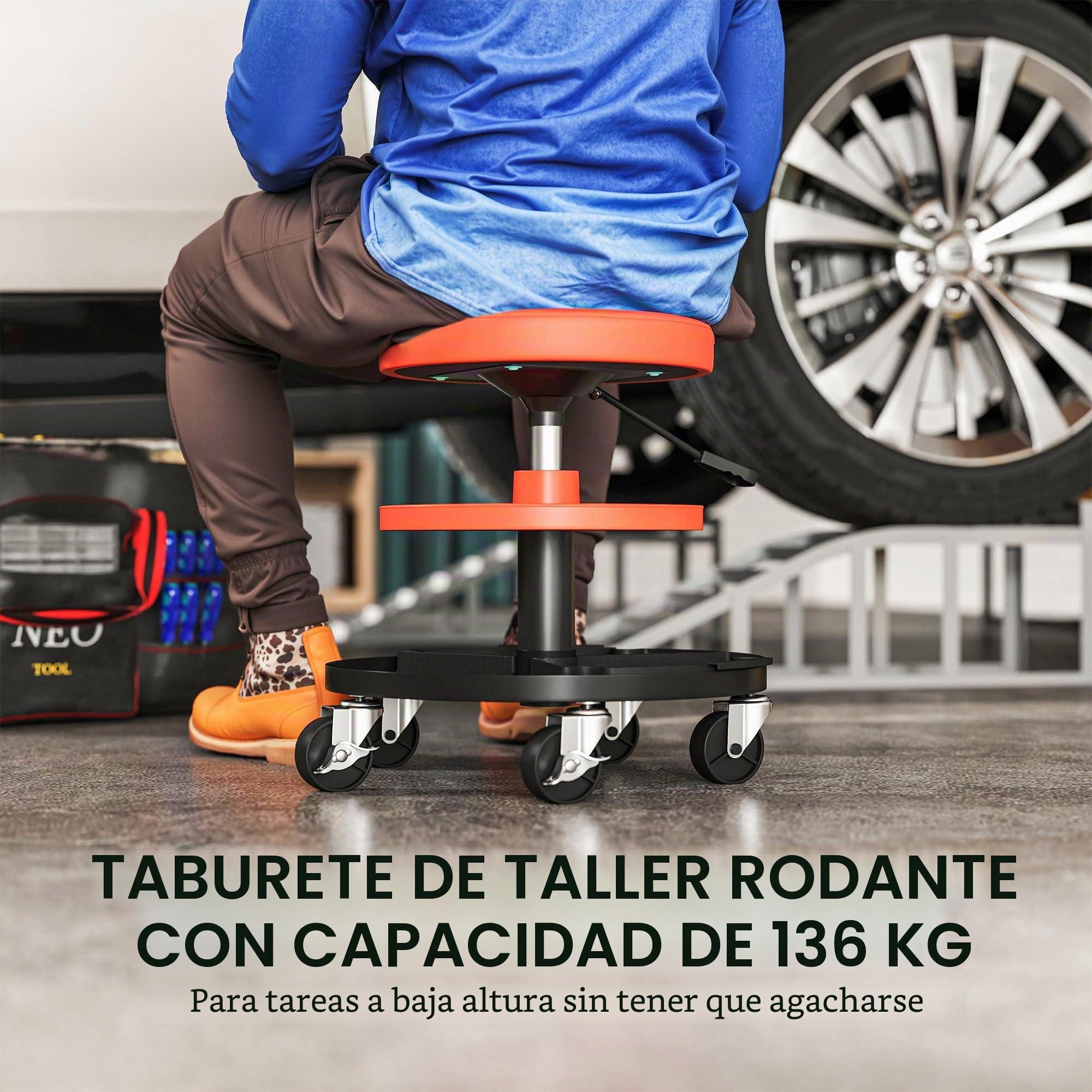HOMCOM Taburete de taller con ruedas, taburete de mecánico con altura regulable 40-51 cm, 2 estantes para herramientas, asiento giratorio, carga máx. 135 kg, amarillo