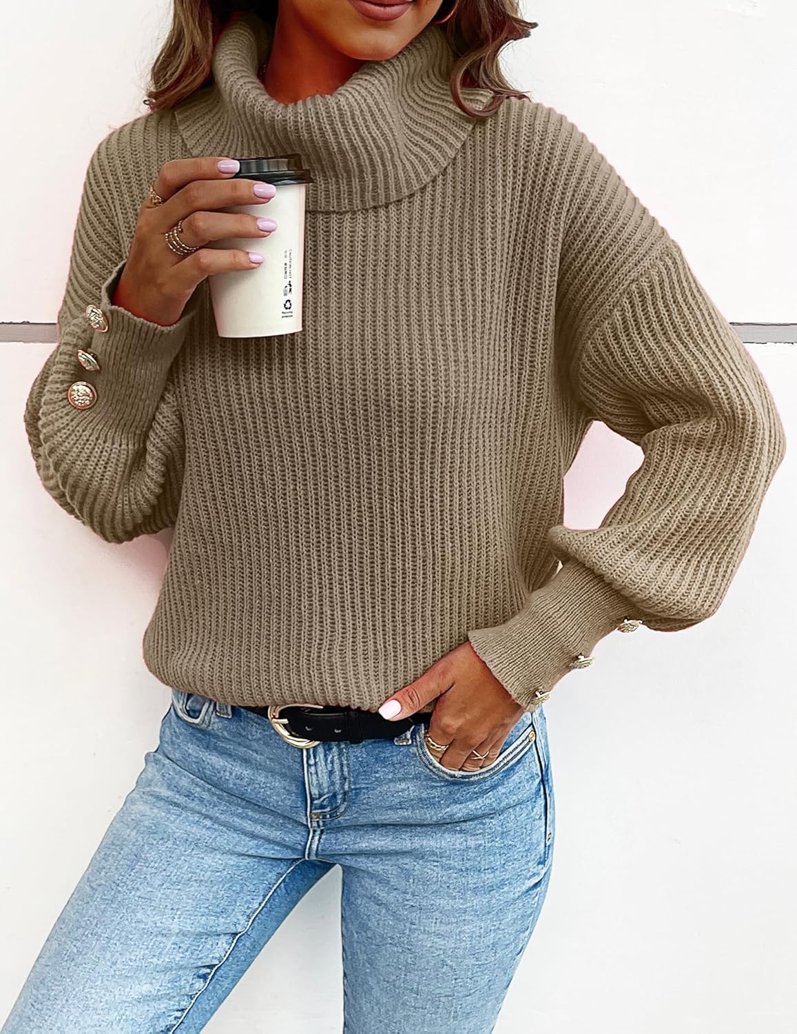 Womens Oversized Turtleneck Sweaters Spring 2026 Lightweight Thin Ribbed Knit Button Cropped Pullover Top - Image 8
