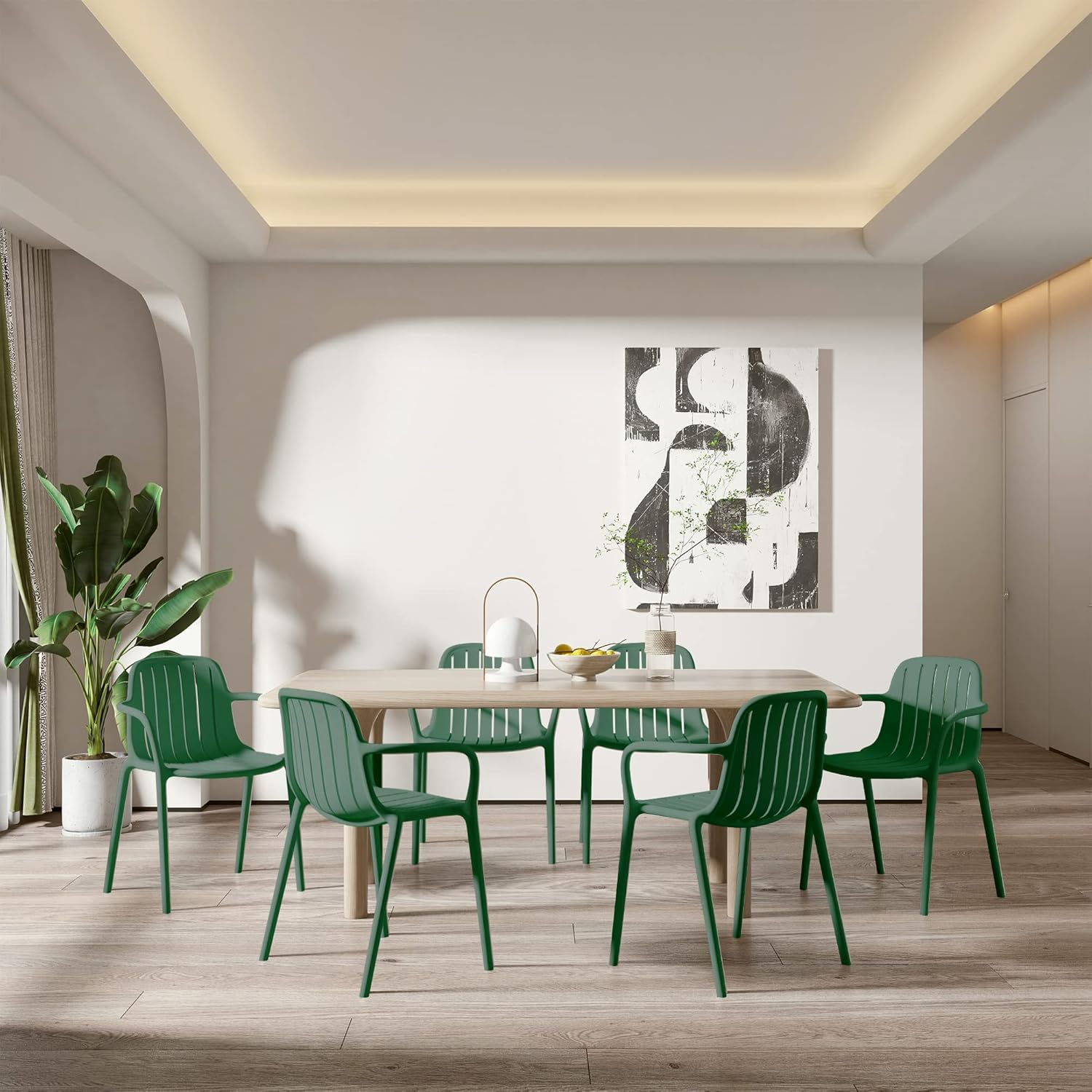 LESHI Patio Dining Chairs Set of 4 Plastic Chair with Armrests Backrest Breathable Design Art Style for Dining Room Bedroom Living Room Patio Indoor Outdoor (Set of 4, Dark Green)