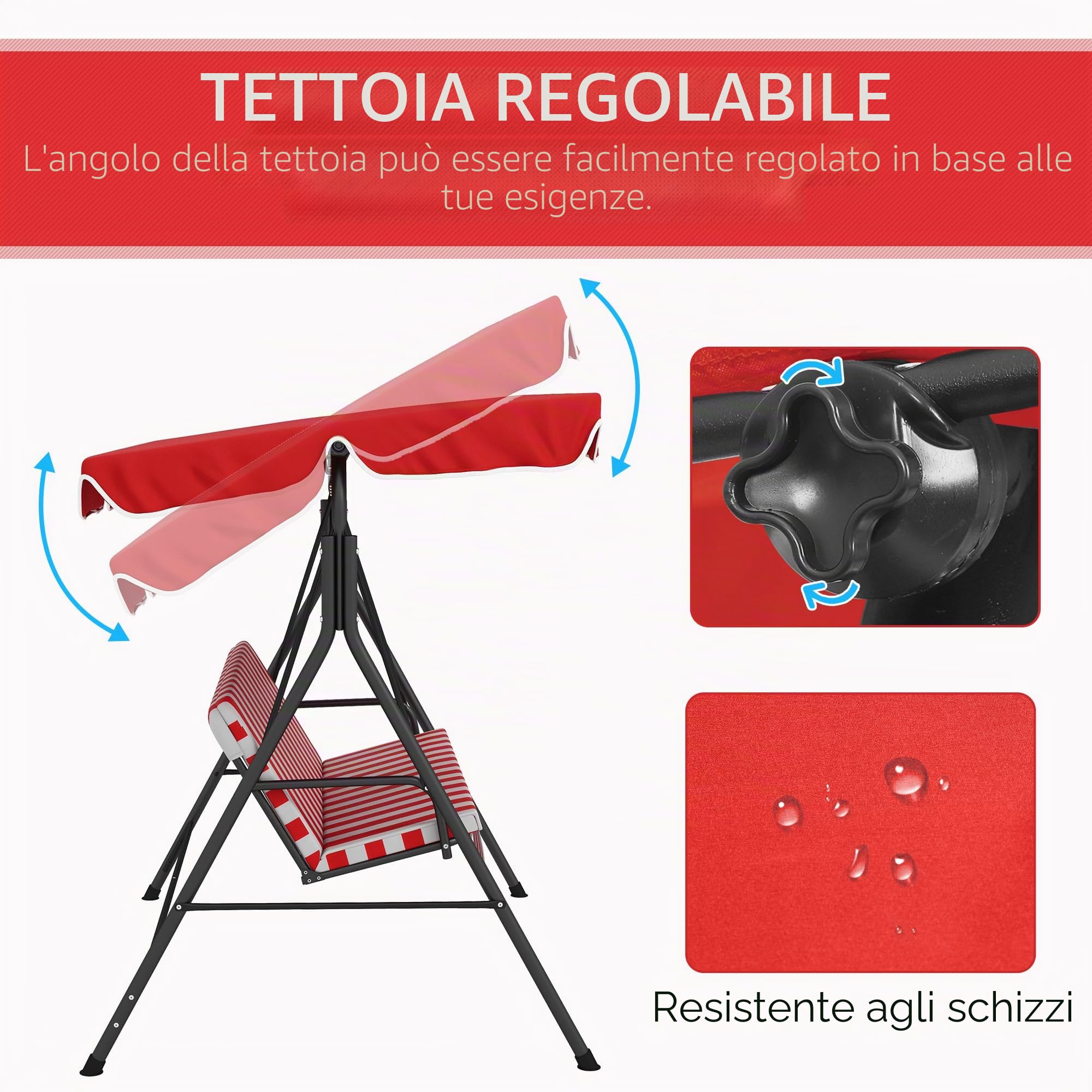 Outsunny Dondolo da Giardino a 3 Posti in Acciaio e Poliestere, Reclinabile Regolabile con Cuscini Seduta e Schienale, Tettuccio Parasole, 1,72 x 1,1 x 1,53 m, Nero e Rosso