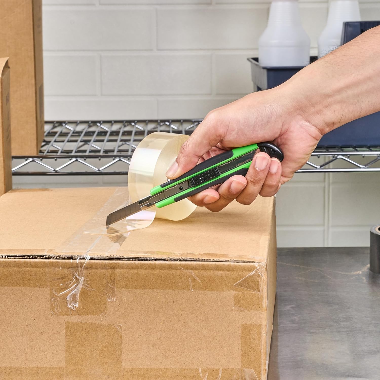 Restaurantware-Handy Tek 5.3 Inch Snap Off Blade Knives, 12 Retractable Box Cutters - Includes 12 Sharp Blades, 18mm Wide, Green Plastic Utility Knives, No-Slip Handle, Built-In Lock