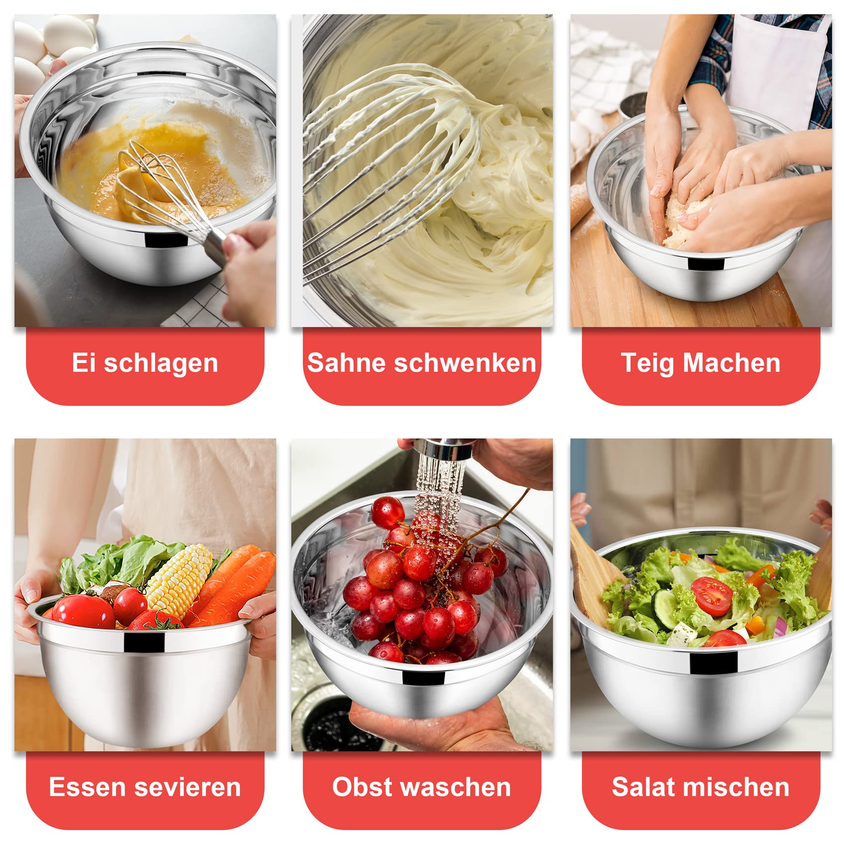 Onader Cuenco para mezclar, 5 piezas, acero inoxidable, juego de ensaladera con tapa hermética, perfecto para hornear/cocinar, 4,6/2,8/1,6/1,2/0,7L, multicolor