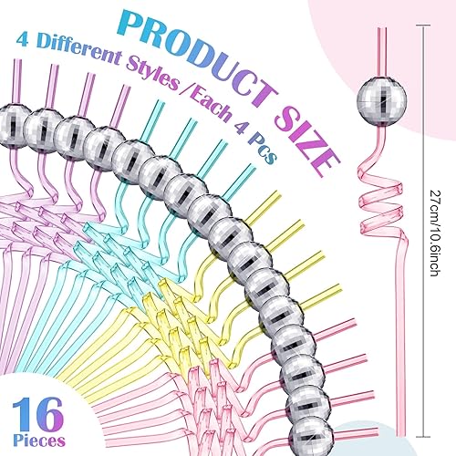 Miniatura 2 de Zhehao 16 pajitas de bola de discoteca con espejo, pajitas decorativas de los años 70 para baile, vacaciones, boda, suministros de cumpleaños,