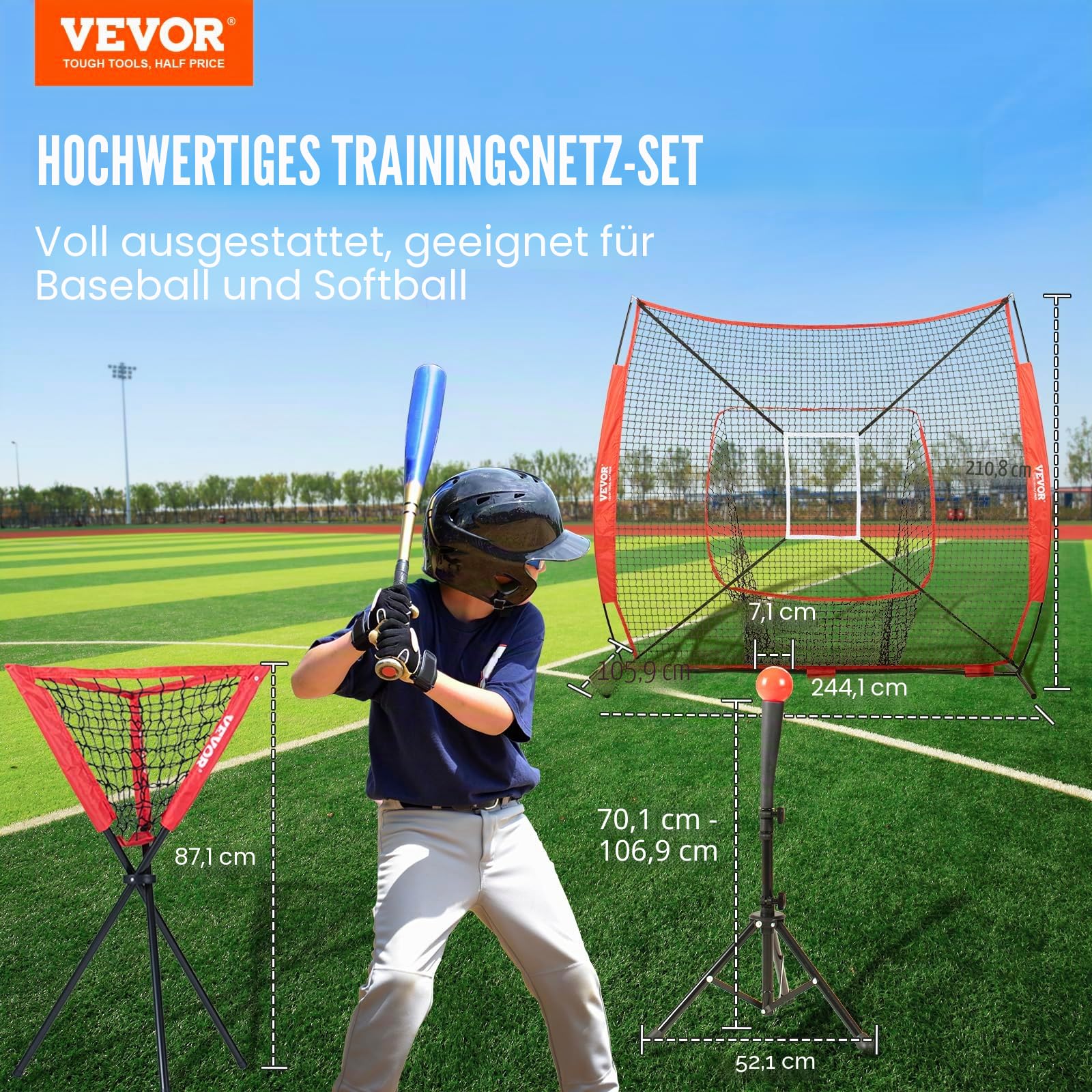 VEVOR Baseball-Softball-Übungsnetz, tragbares Baseball-Trainingsnetz zum Schlagen, Schlagen, Fangen, Pitching, Backstop-Baseballausrüstung mit Bogenrahmen, Tragetasche, Schlagzone, Schlag-T-Shirt