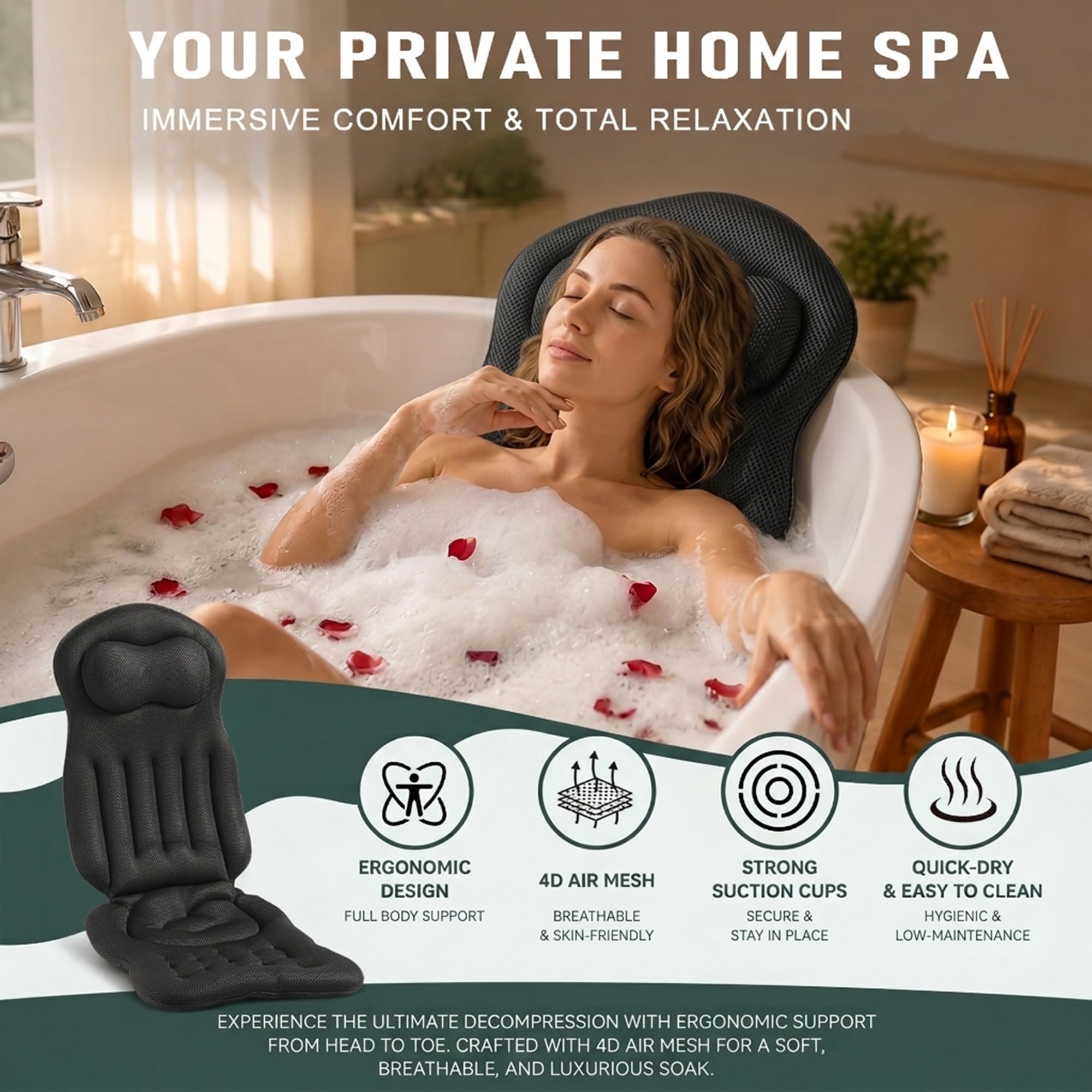 Ganzkörper Badewannenkissen 4D Air-Mesh, Extra Dickes Badekissen mit Bequemer Kopfstütze, Hautfreundlich, rutschfest, Schnell Trocknend, Atmungsaktiv, Luxuriöses Spa Erlebnis für Badewanne