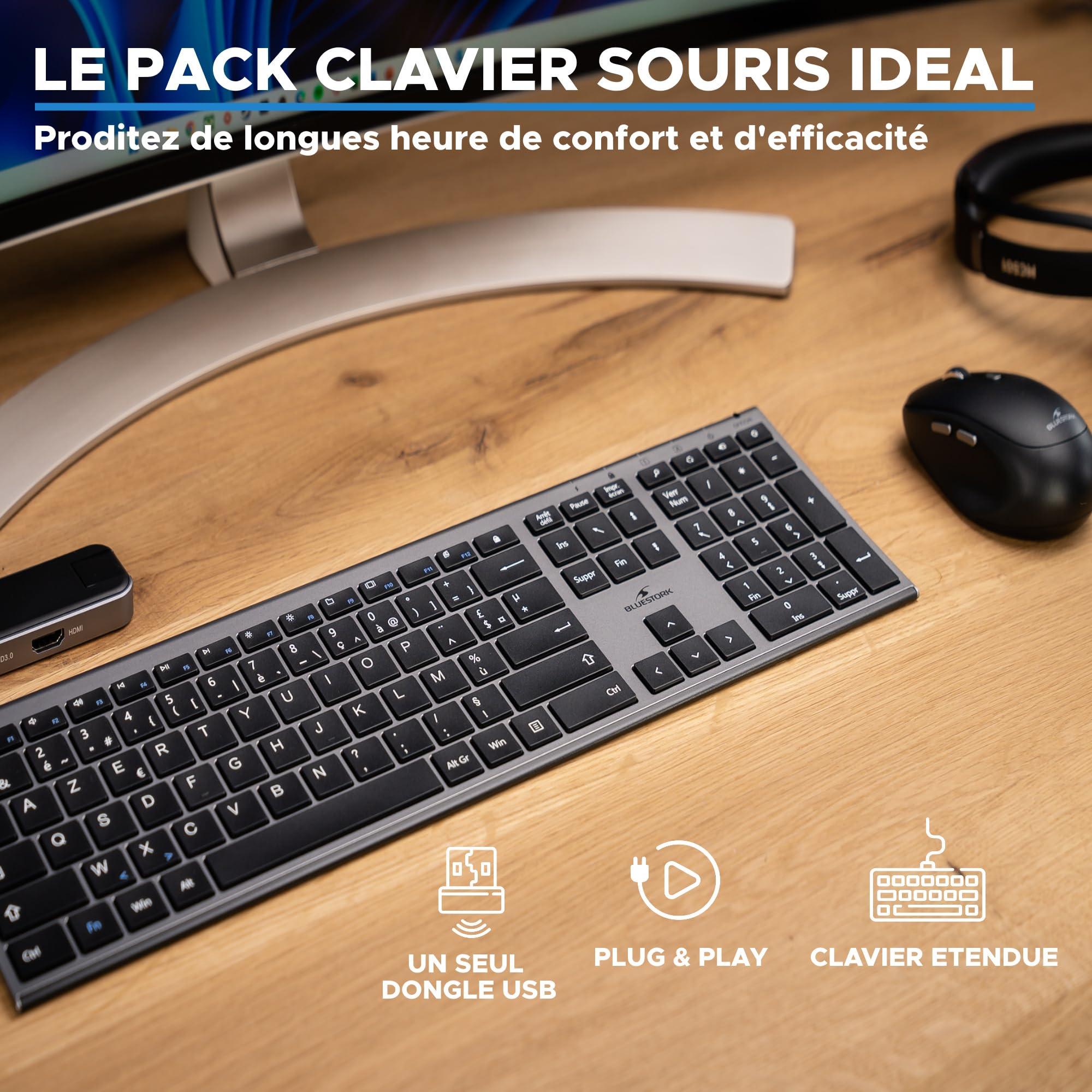 BlueElement - Pack Clavier et Souris sans Fil Grapheme - Wireless avec Smart Dongle - Clics Silencieux - Design Ultra Slim - Ergonomique - Rechargeable - AZERTY FR (Black)