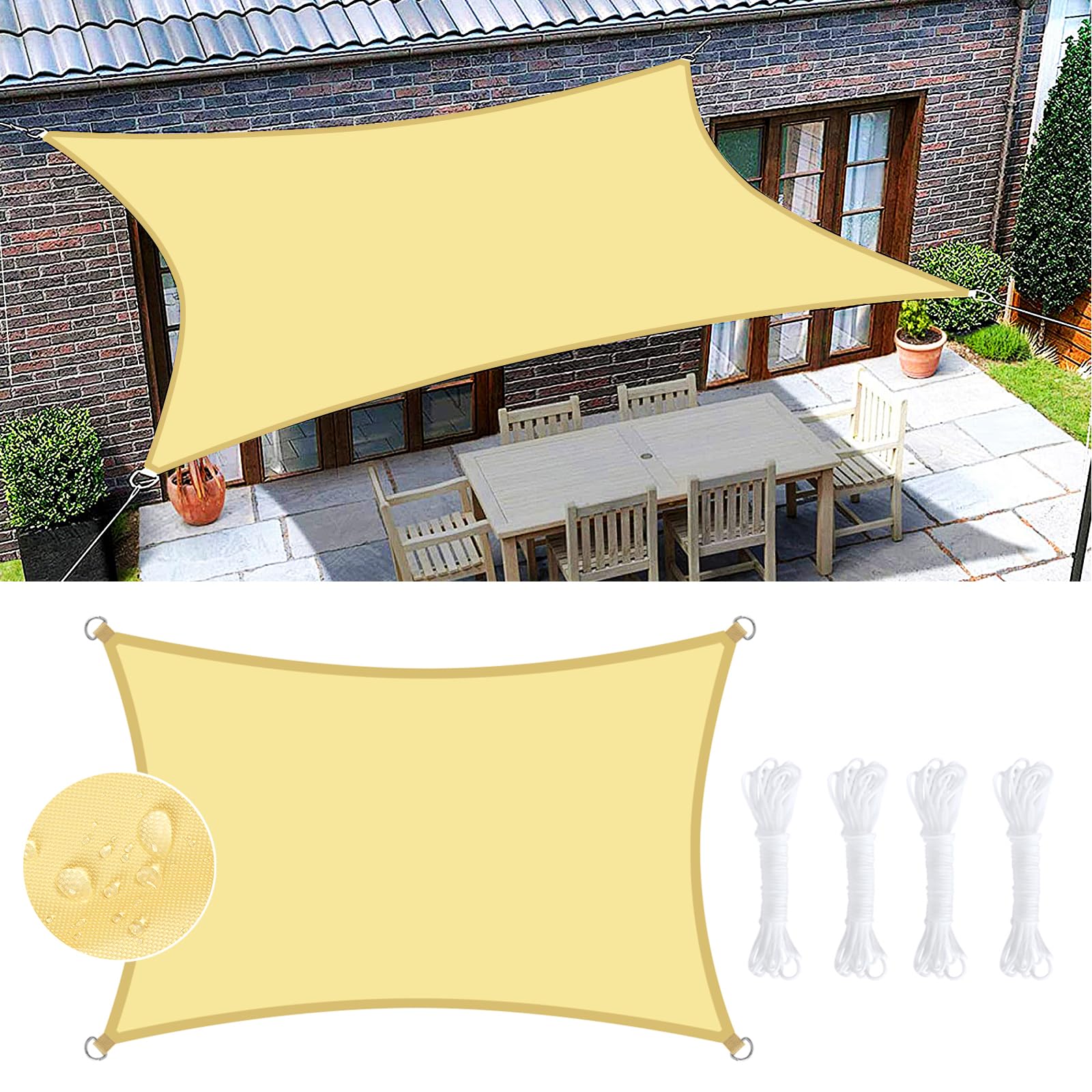 KIMIGO Toldo Vela de Sombra,3x4m Toldo Vela Rectangular,Toldo Impermeable Exterior,Vela Sombra,Toldos Exterior Terraza,Toldo Exterior con Cuerda,para Patio,Jardín, Exteriores, Terraza - Beige