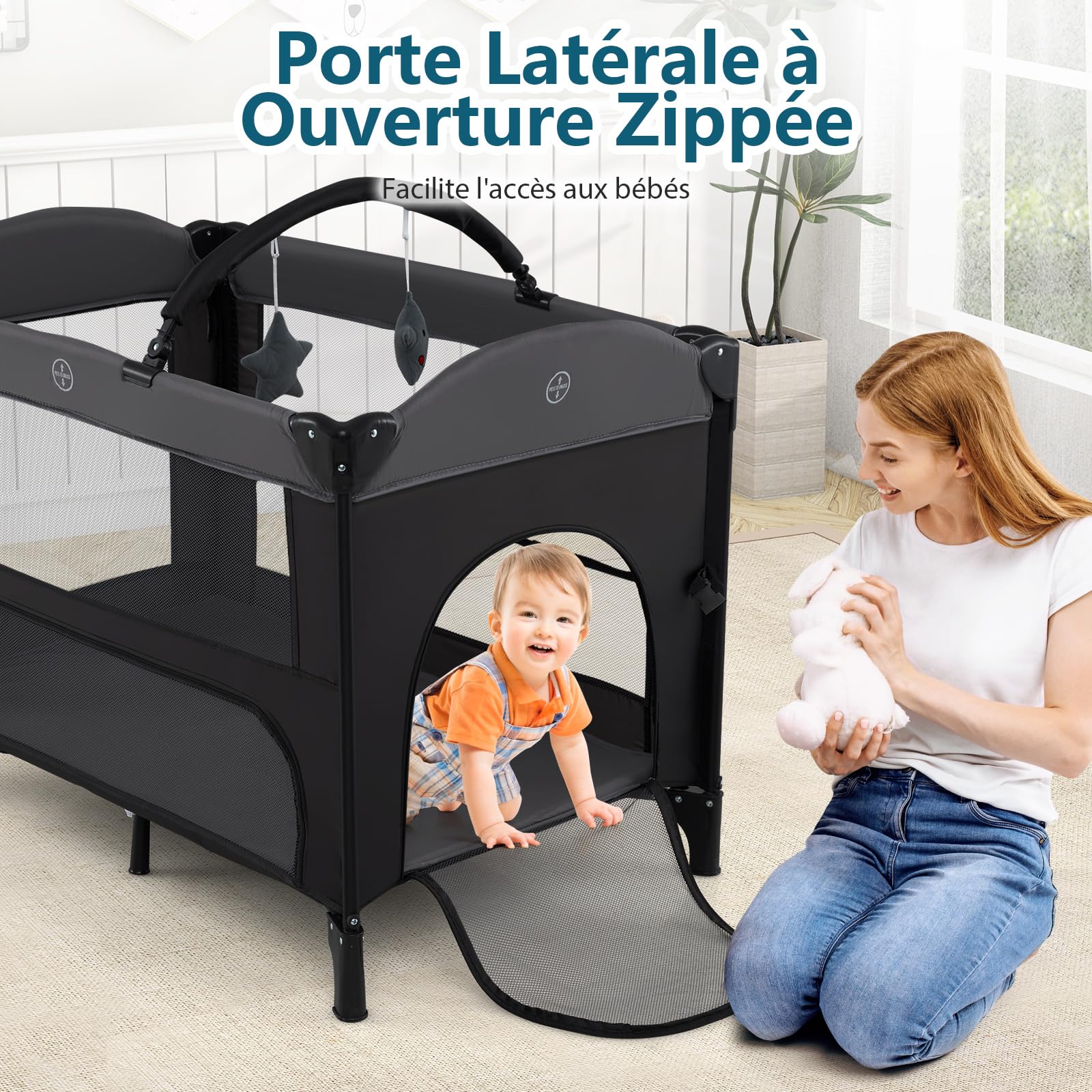 COSTWAY 5 en 1 Lit Parapluie Bébé avec Matelas Moustiquaire Table à Langer, Lit de Voyage Hauteurs Réglables, Charge Max 15kg 0-3 Ans