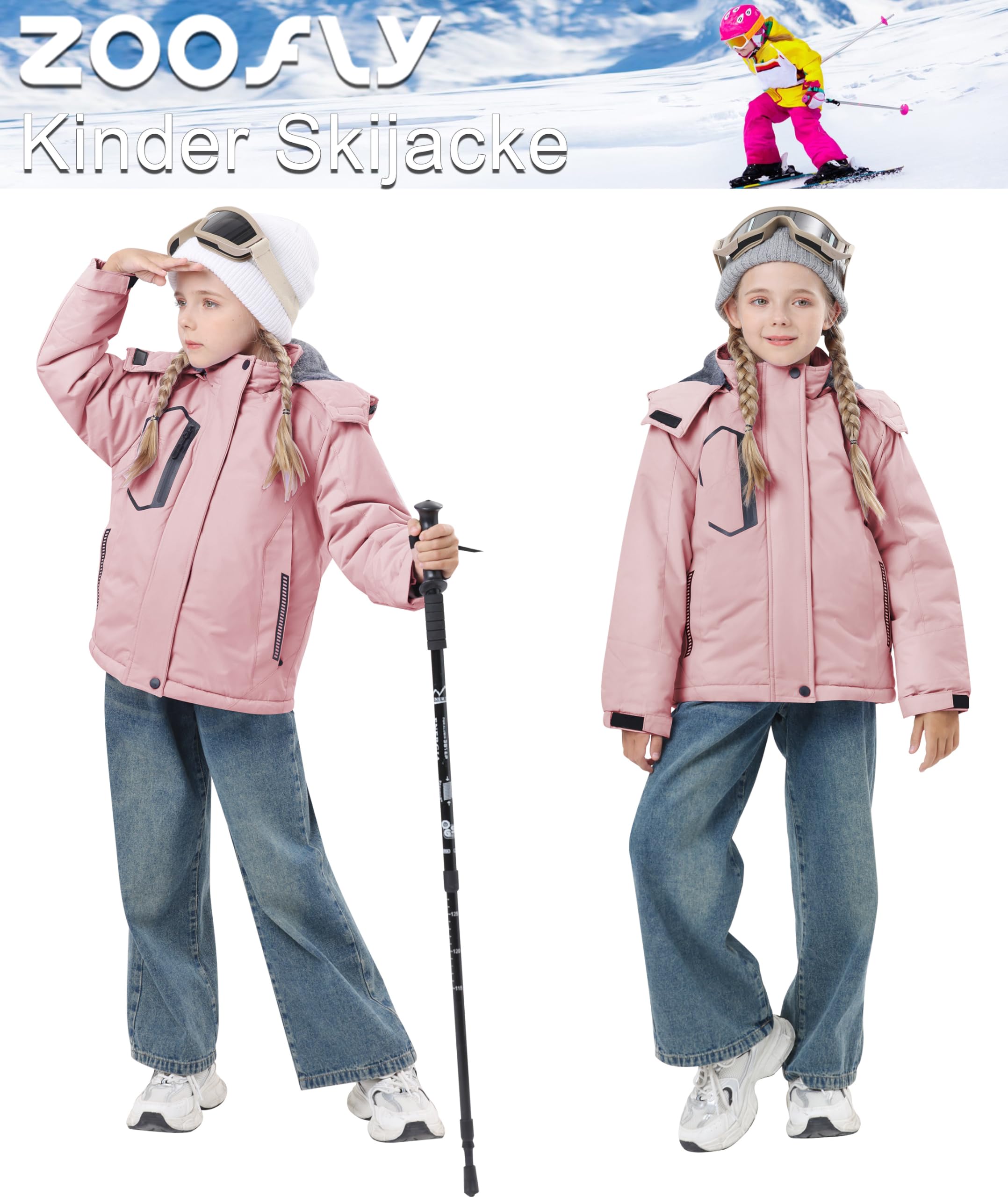 Zoofly Winterjacke Kinder Warm Gefütterte Wasserdicht Skijacke mit Abnehmbar Kapuze