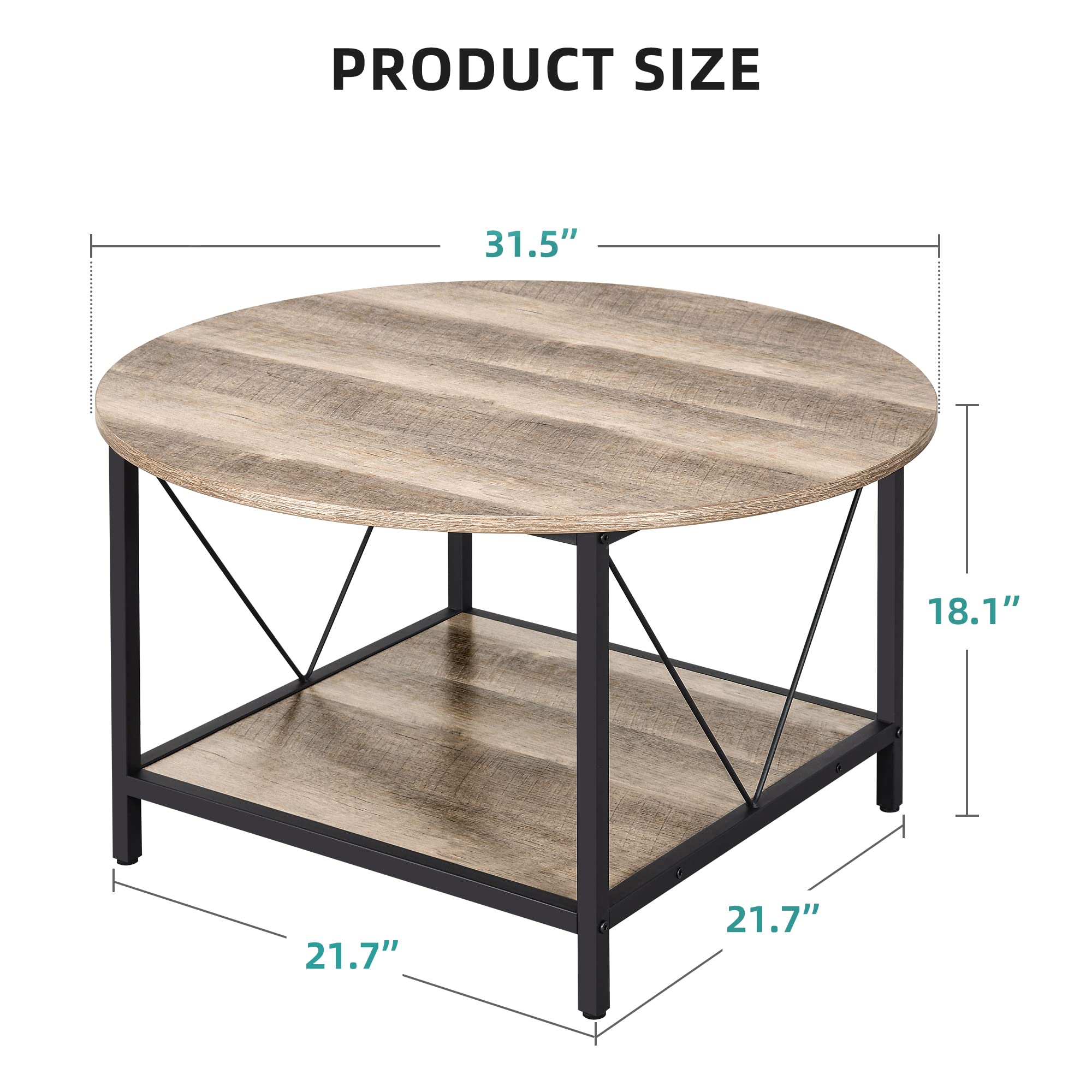 YITAHOME Round Coffee Table,Wood Coffee Table for Living Room,2-Tier Rustic Farmhouse Circle Coffee Table with Sturdy Metal Legs Storage Shelf,Grey Wash
